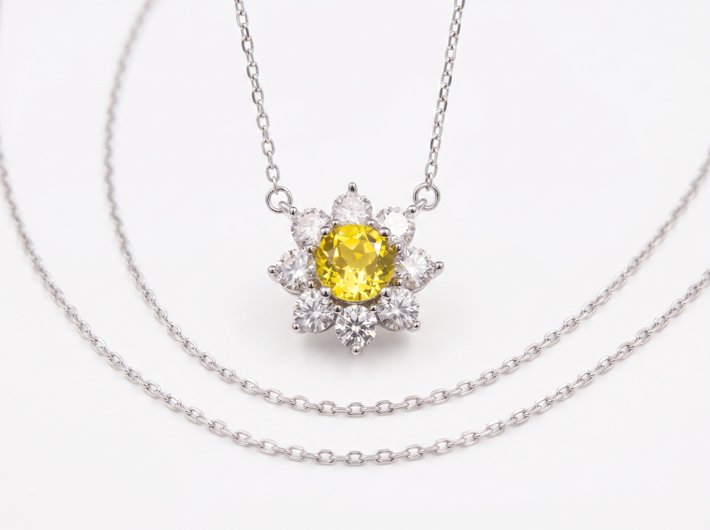 Flower Sunflower Round Gemstone Pendant Necklace, Red / Yellow / Purple Center Stone, 18K White Gold /925 Sterling Silver Bespoke Fine Jewelry