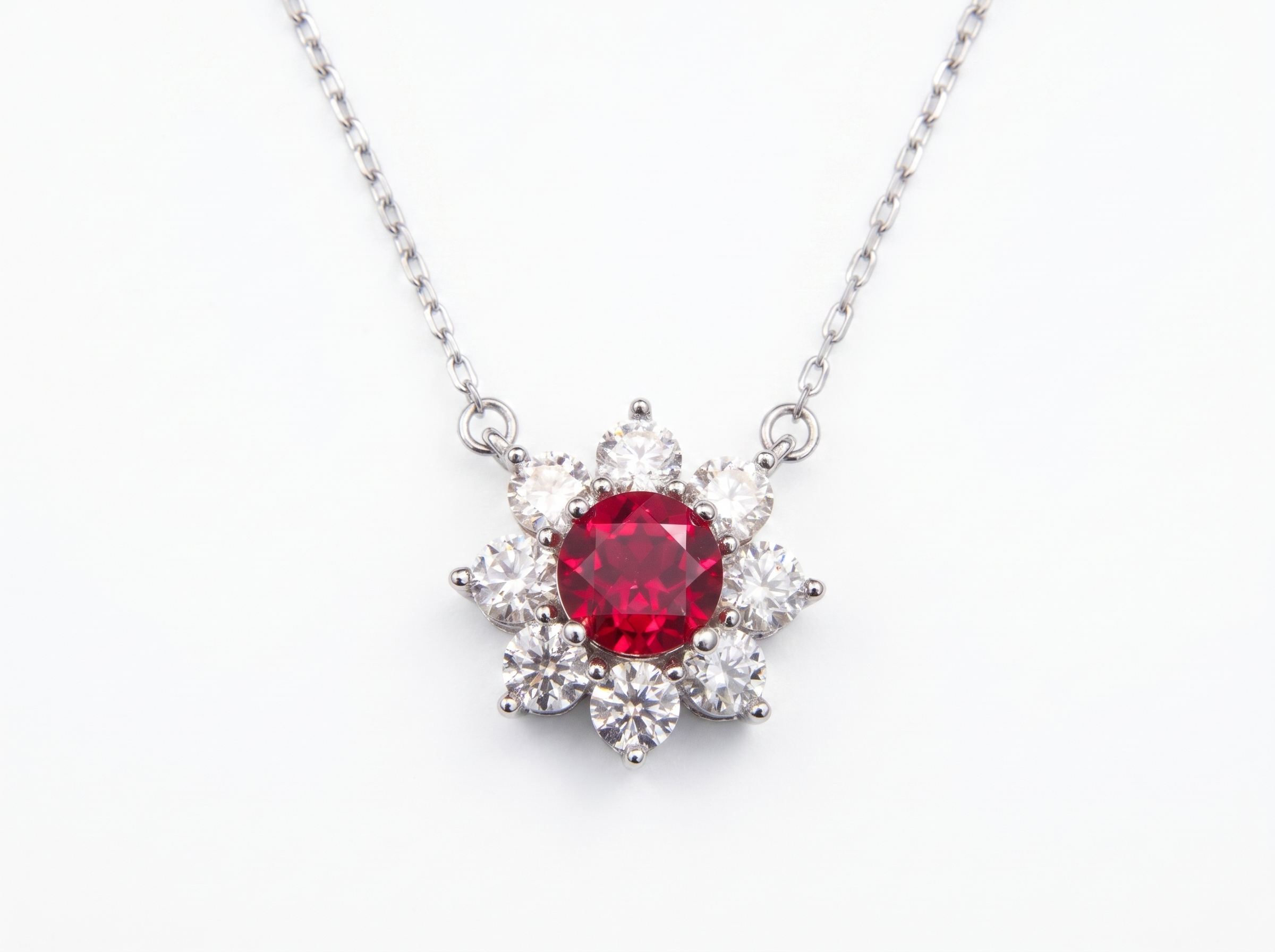 Flower Sunflower Round Gemstone Pendant Necklace, Red / Yellow / Purple Center Stone, 18K White Gold /925 Sterling Silver Bespoke Fine Jewelry