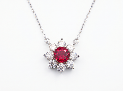 Flower Sunflower Round Gemstone Pendant Necklace, Red / Yellow / Purple Center Stone, 18K White Gold /925 Sterling Silver Bespoke Fine Jewelry