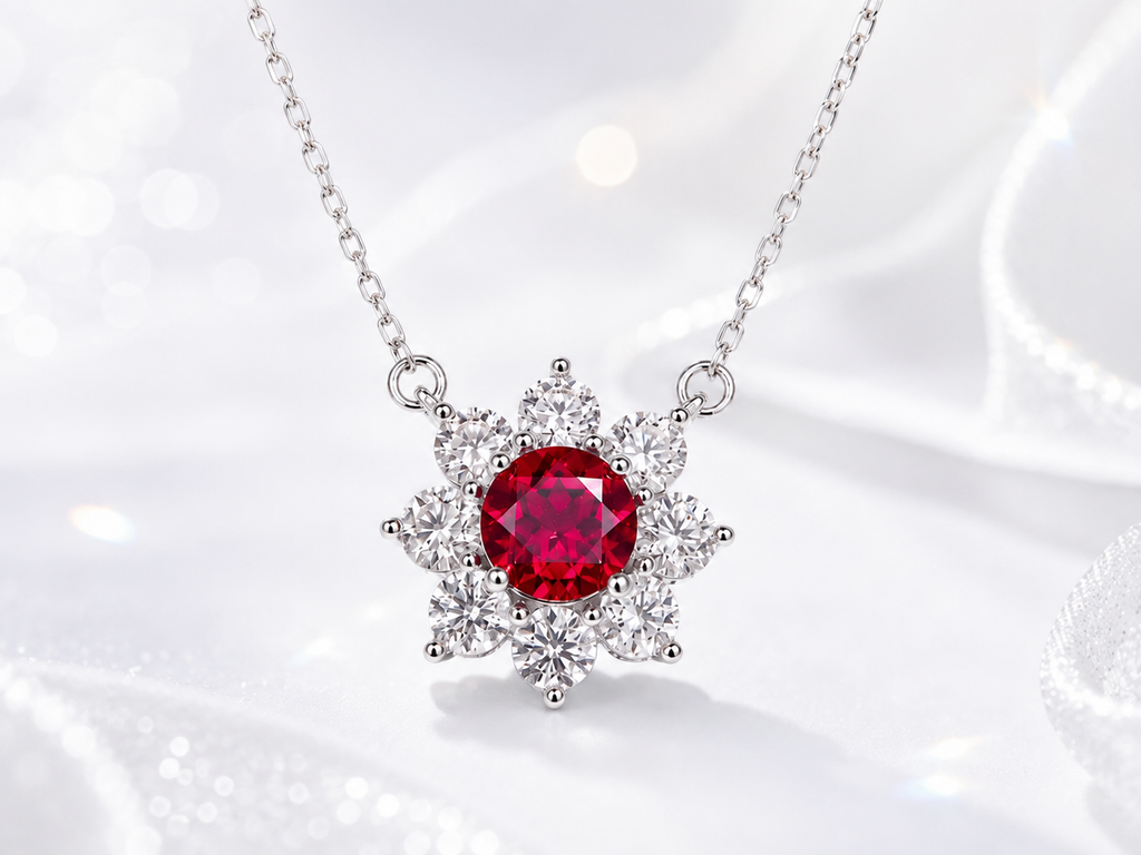 Flower Sunflower Round Gemstone Pendant Necklace, Red / Yellow / Purple Center Stone, 18K White Gold /925 Sterling Silver Bespoke Fine Jewelry