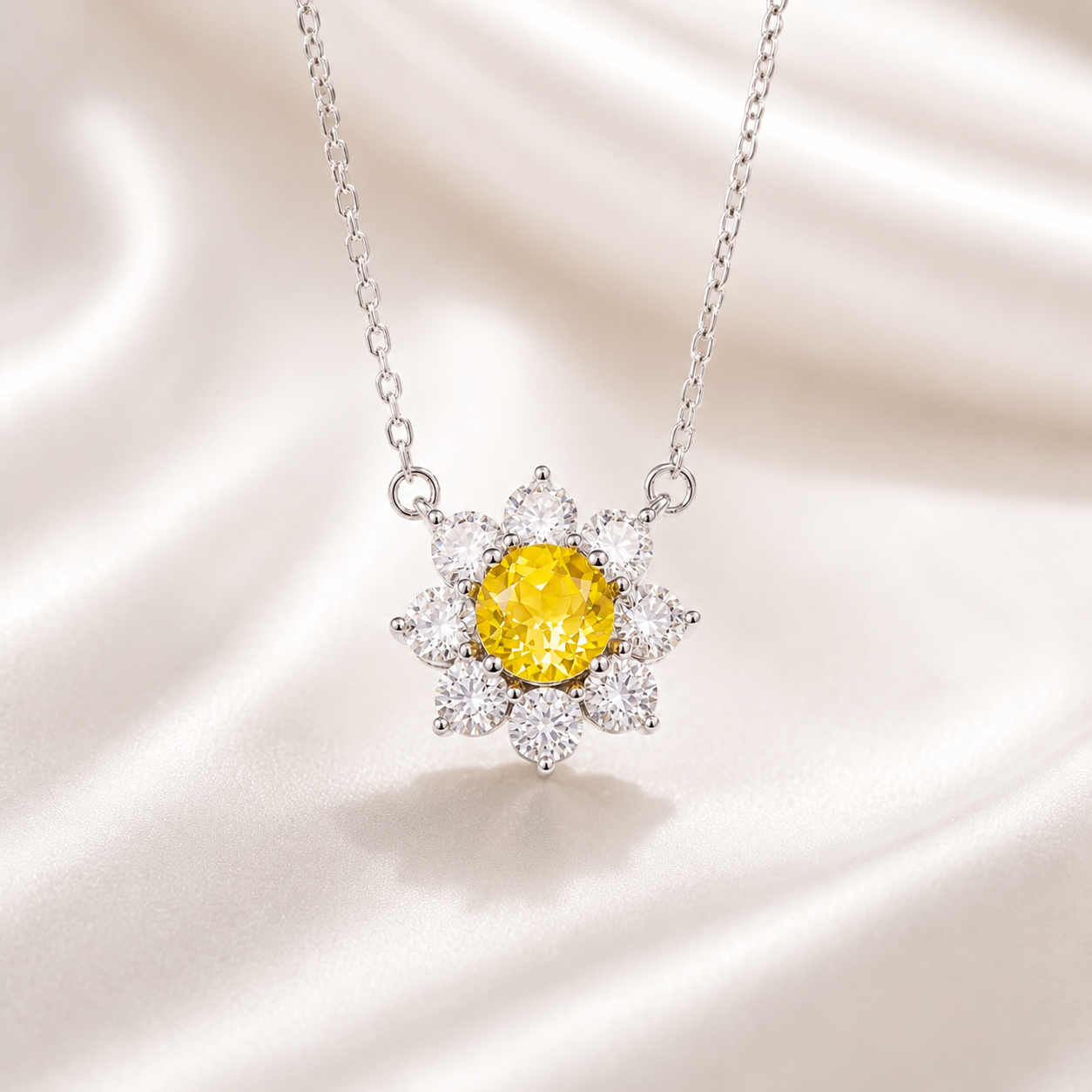 Flower Sunflower Round Gemstone Pendant Necklace, Red / Yellow / Purple Center Stone, 18K White Gold /925 Sterling Silver Bespoke Fine Jewelry