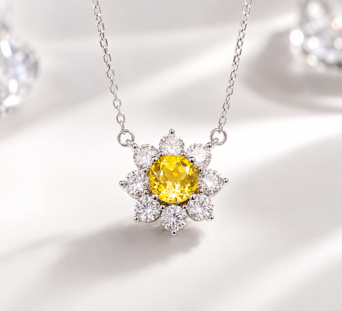 Flower Sunflower Round Gemstone Pendant Necklace, Red / Yellow / Purple Center Stone, 18K White Gold /925 Sterling Silver Bespoke Fine Jewelry