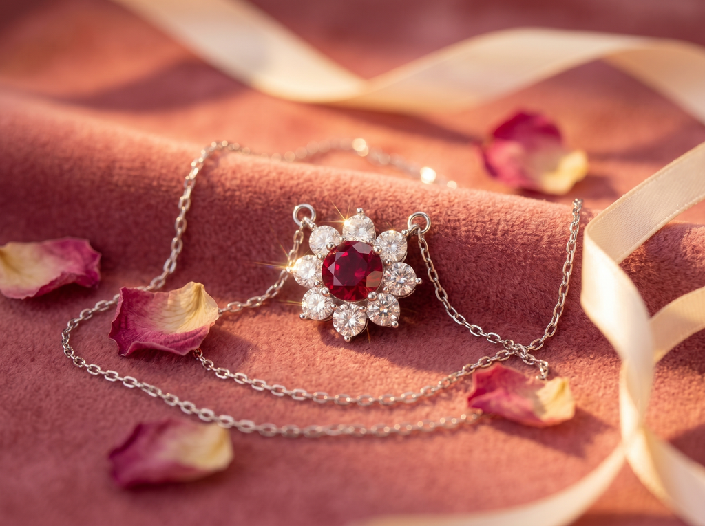 Flower Sunflower Round Gemstone Pendant Necklace, Red / Yellow / Purple Center Stone, 18K White Gold /925 Sterling Silver Bespoke Fine Jewelry