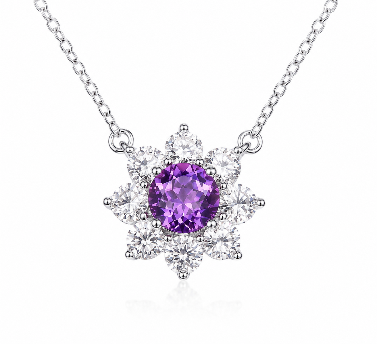Flower Sunflower Round Gemstone Pendant Necklace, Red / Yellow / Purple Center Stone, 18K White Gold /925 Sterling Silver Bespoke Fine Jewelry