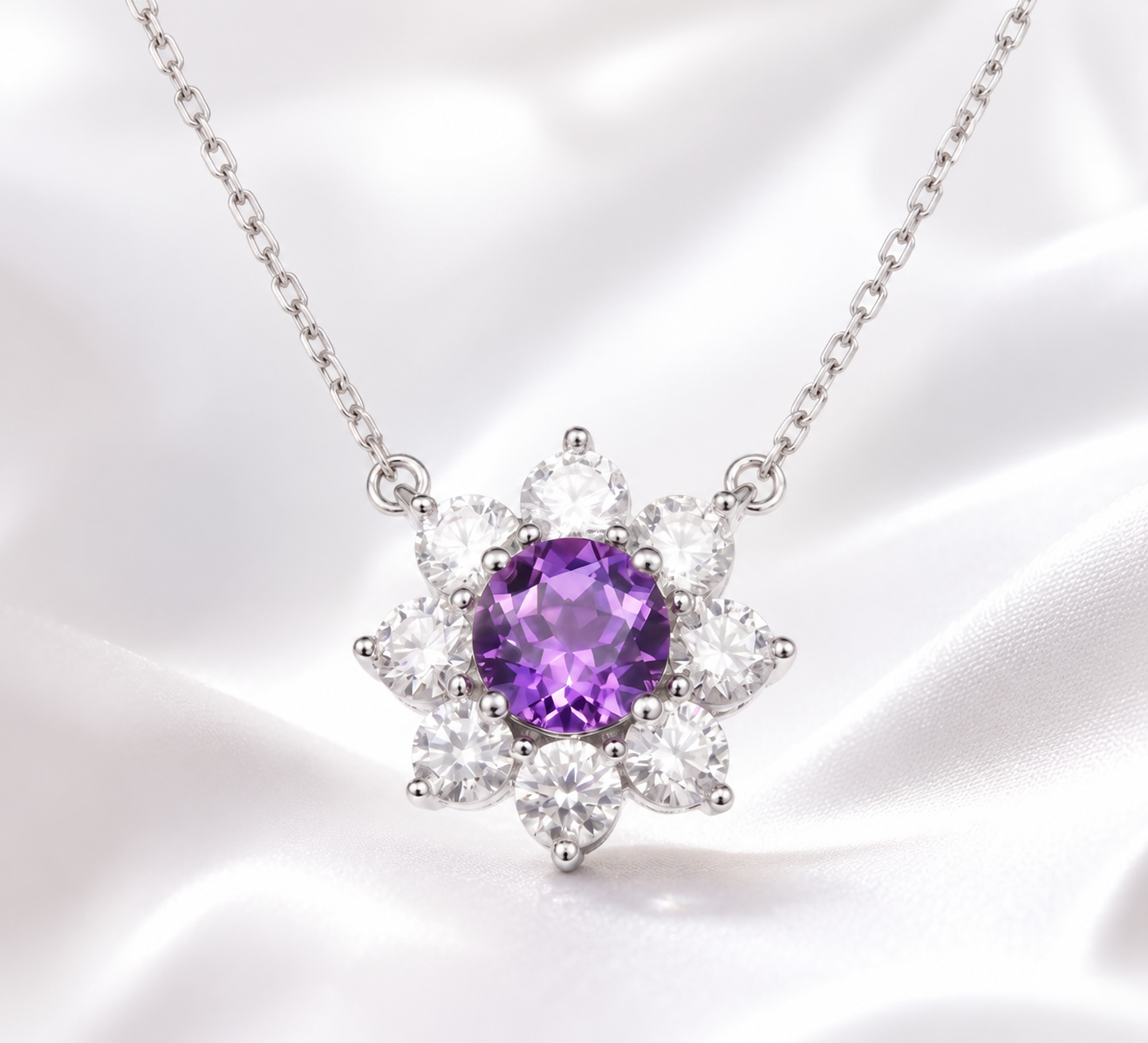 Flower Sunflower Round Gemstone Pendant Necklace, Red / Yellow / Purple Center Stone, 18K White Gold /925 Sterling Silver Bespoke Fine Jewelry