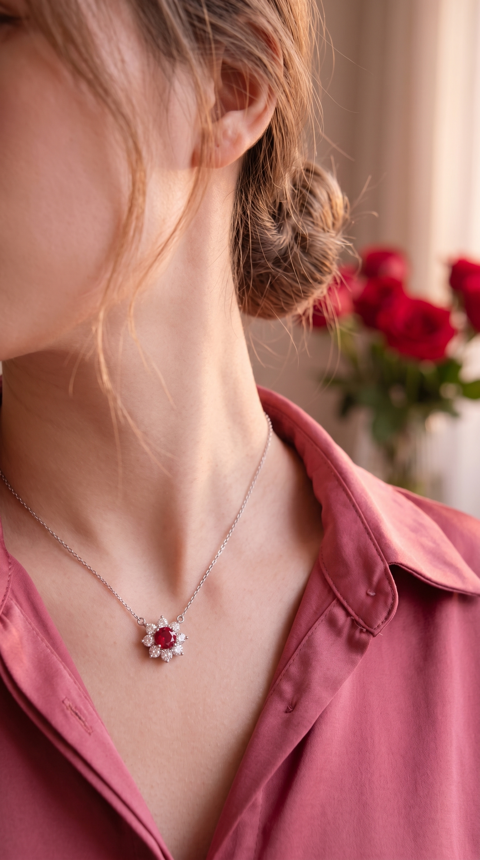 Flower Sunflower Round Gemstone Pendant Necklace, Red / Yellow / Purple Center Stone, 18K White Gold /925 Sterling Silver Bespoke Fine Jewelry