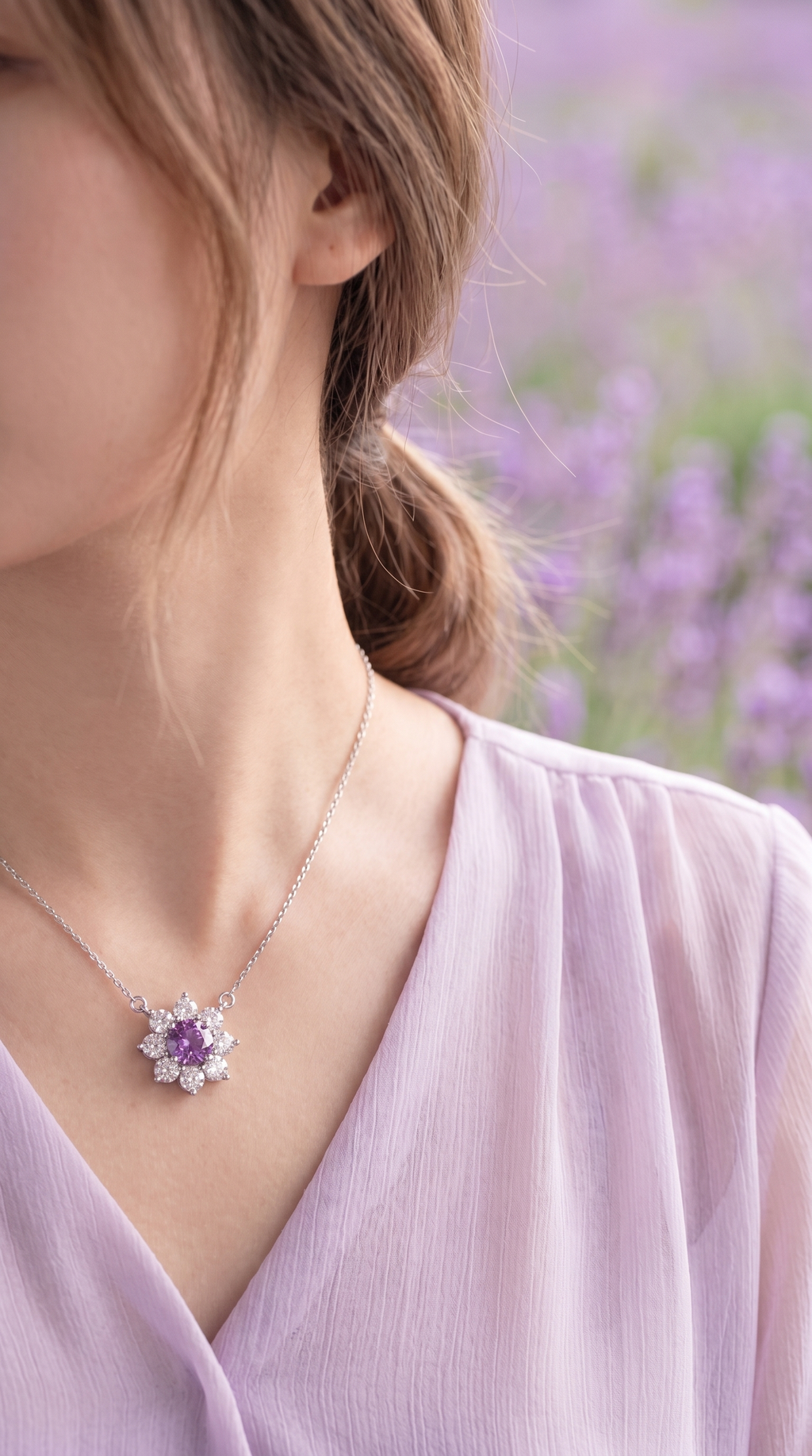 Flower Sunflower Round Gemstone Pendant Necklace, Red / Yellow / Purple Center Stone, 18K White Gold /925 Sterling Silver Bespoke Fine Jewelry