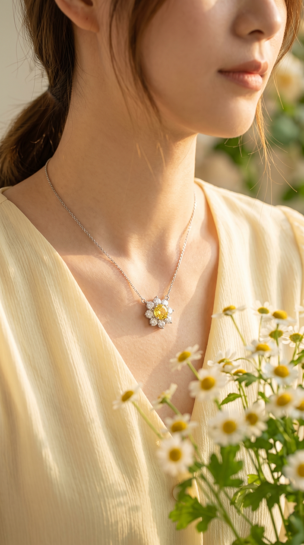 Flower Sunflower Round Gemstone Pendant Necklace, Red / Yellow / Purple Center Stone, 18K White Gold /925 Sterling Silver Bespoke Fine Jewelry