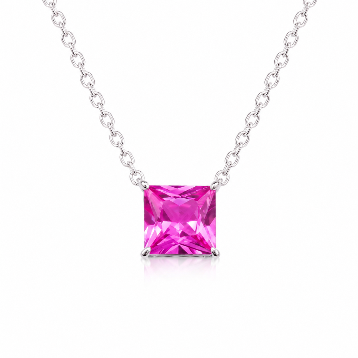 Princess Cut Solitaire Gemstone Pendant Necklace, Red/ Green / Blue / Pink, 18K White Gold / 925 Sterling Silver Bespoke Fine Jewelry
