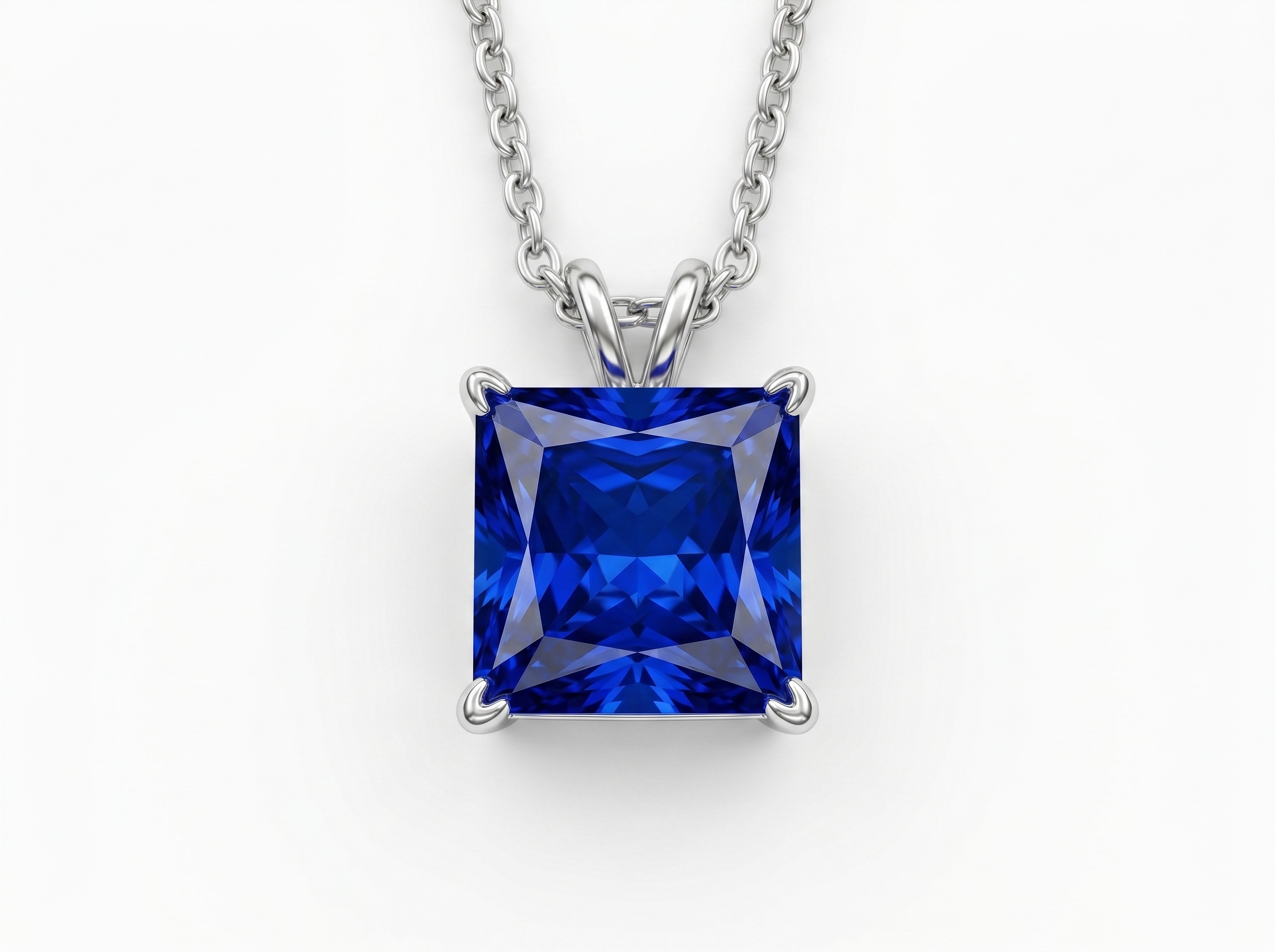 Princess Cut Solitaire Gemstone Pendant Necklace, Red/ Green / Blue / Pink, 18K White Gold / 925 Sterling Silver Bespoke Fine Jewelry