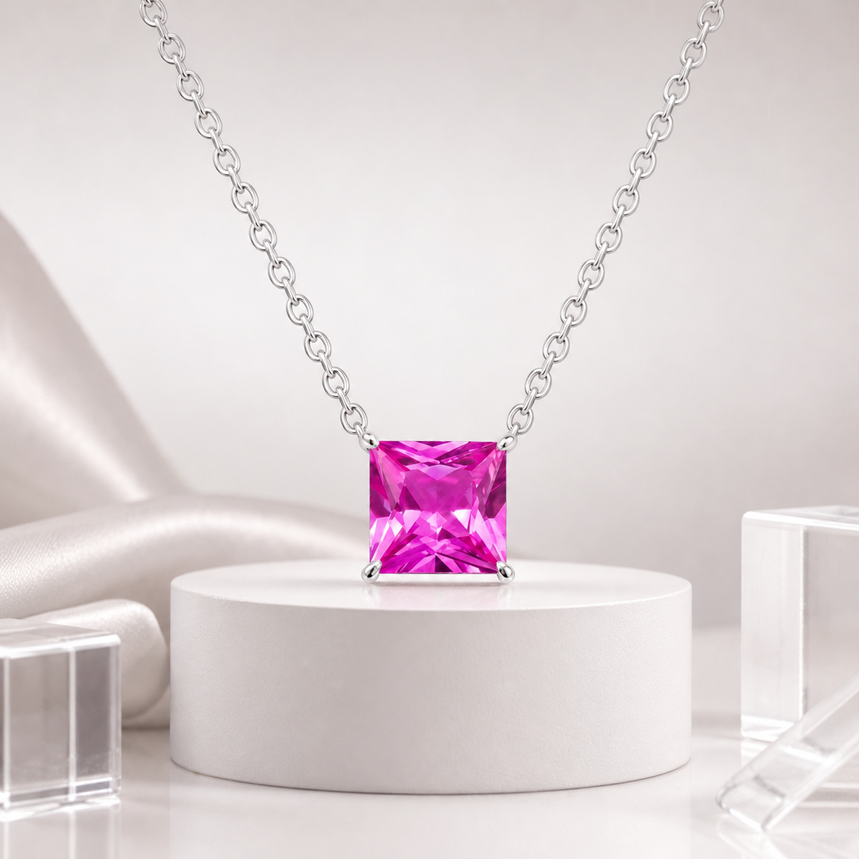 Princess Cut Solitaire Gemstone Pendant Necklace, Red/ Green / Blue / Pink, 18K White Gold / 925 Sterling Silver Bespoke Fine Jewelry