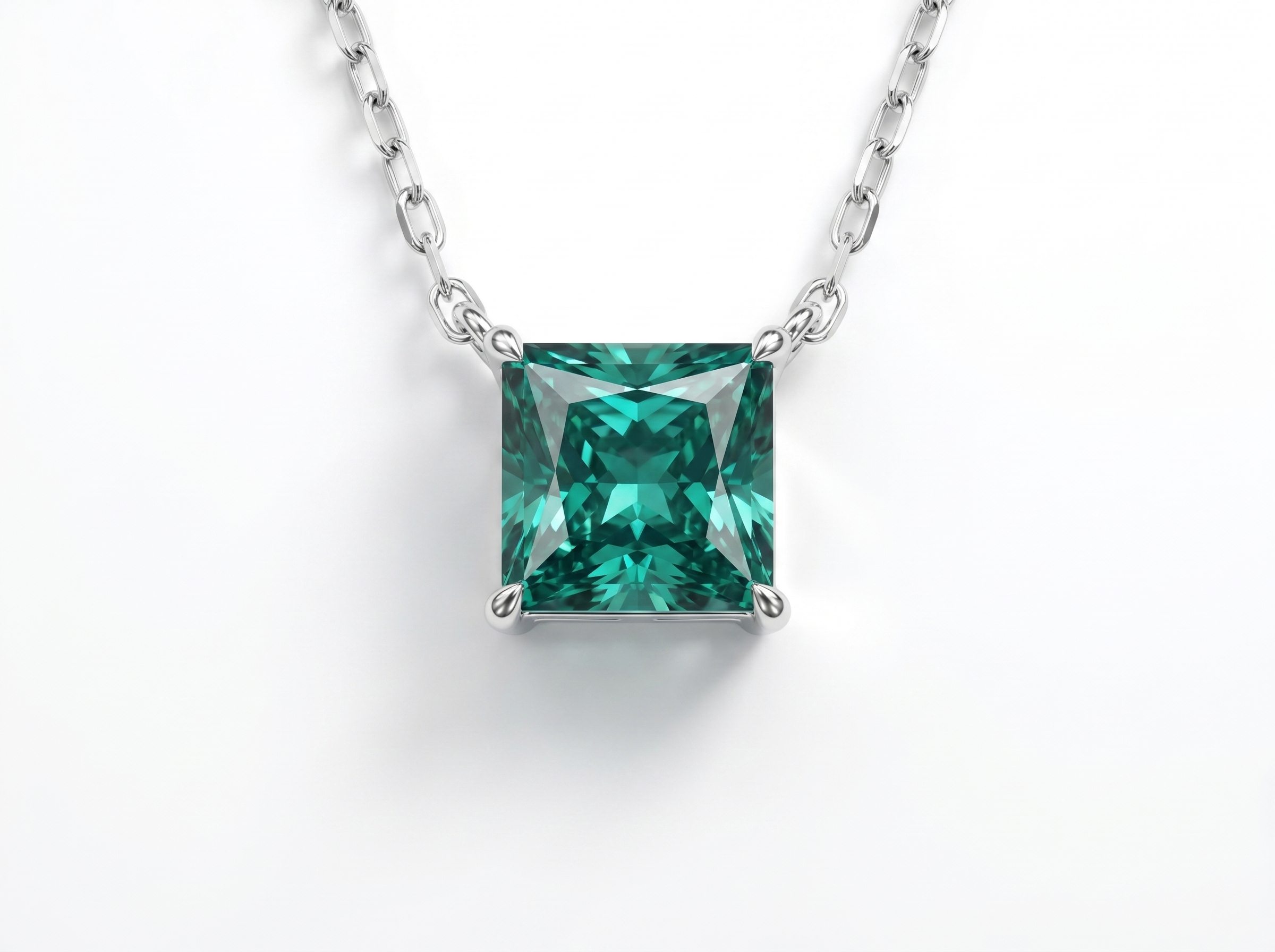 Princess Cut Solitaire Gemstone Pendant Necklace, Red/ Green / Blue / Pink, 18K White Gold / 925 Sterling Silver Bespoke Fine Jewelry
