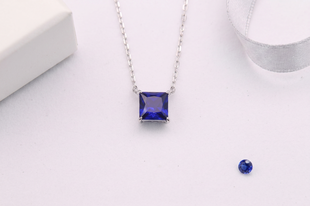 Princess Cut Solitaire Gemstone Pendant Necklace, Red/ Green / Blue / Pink, 18K White Gold / 925 Sterling Silver Bespoke Fine Jewelry