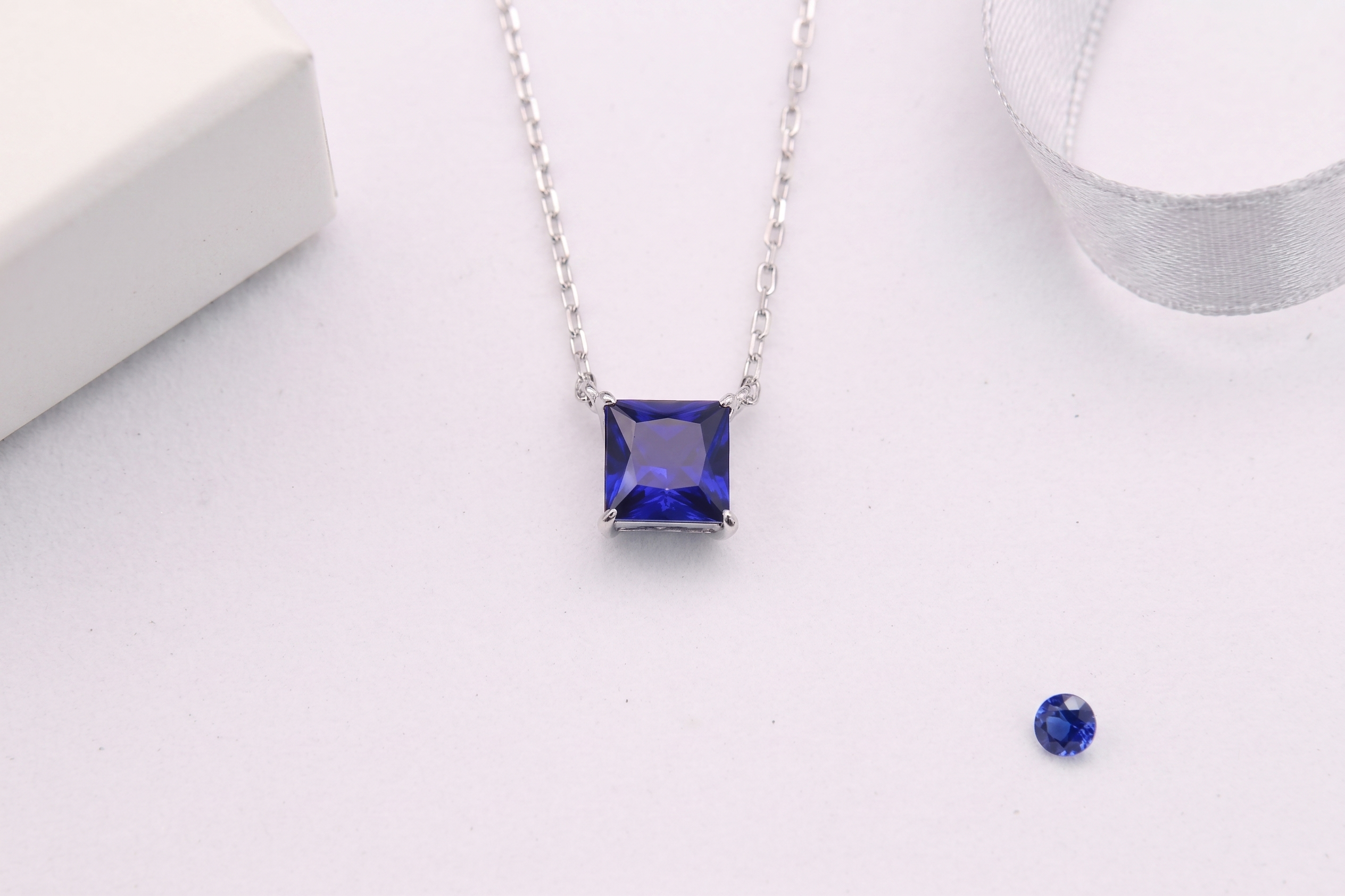 Princess Cut Solitaire Gemstone Pendant Necklace, Red/ Green / Blue / Pink, 18K White Gold / 925 Sterling Silver Bespoke Fine Jewelry