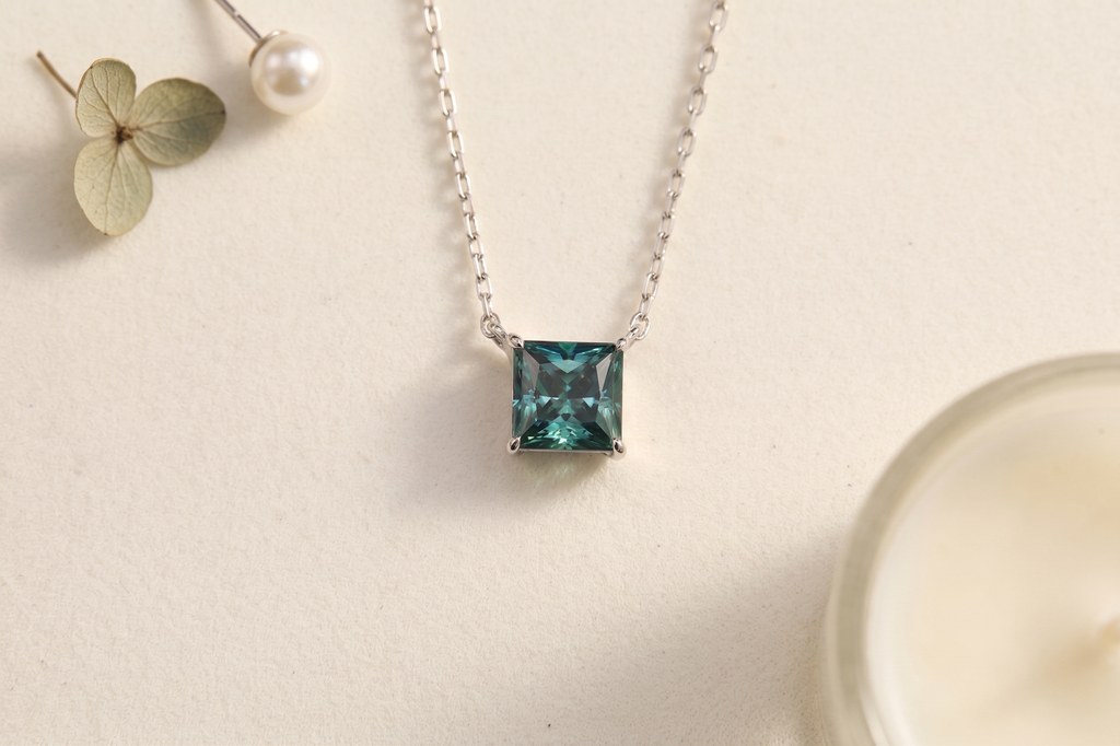 Princess Cut Solitaire Gemstone Pendant Necklace, Red/ Green / Blue / Pink, 18K White Gold / 925 Sterling Silver Bespoke Fine Jewelry