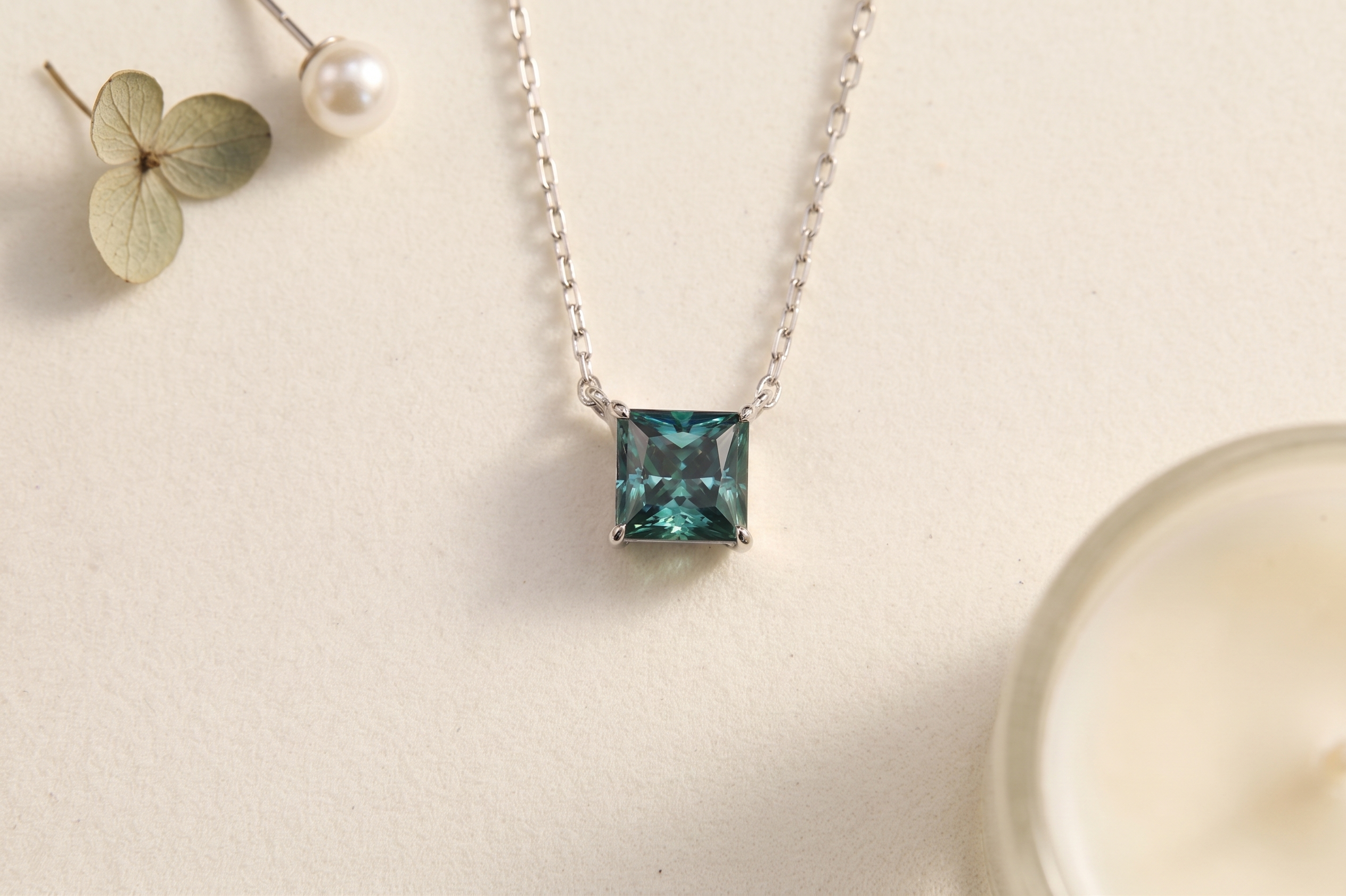 Princess Cut Solitaire Gemstone Pendant Necklace, Red/ Green / Blue / Pink, 18K White Gold / 925 Sterling Silver Bespoke Fine Jewelry