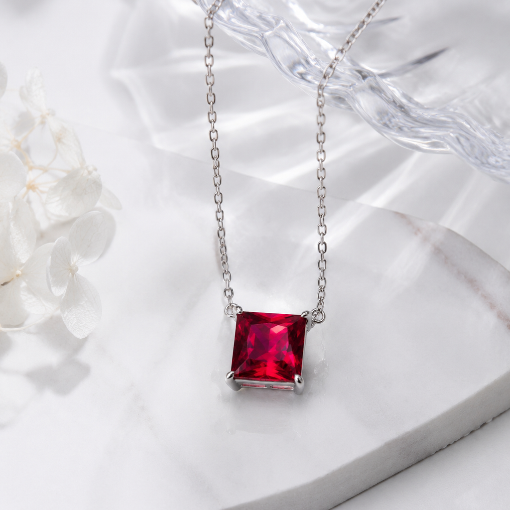 Princess Cut Solitaire Gemstone Pendant Necklace, Red/ Green / Blue / Pink, 18K White Gold / 925 Sterling Silver Bespoke Fine Jewelry