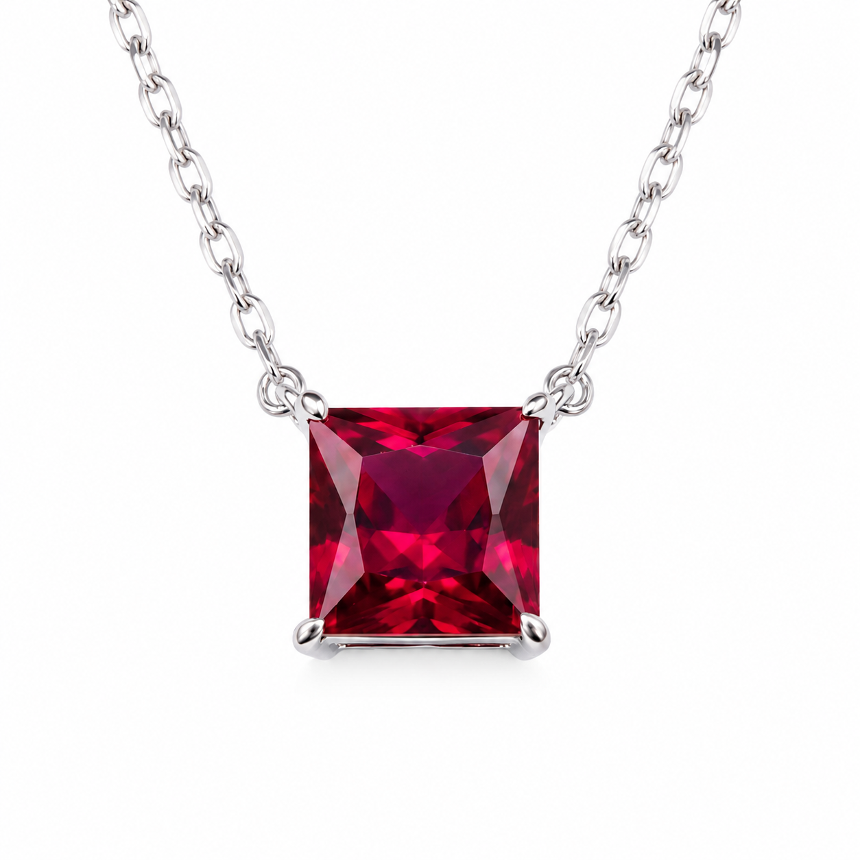 Princess Cut Solitaire Gemstone Pendant Necklace, Red/ Green / Blue / Pink, 18K White Gold / 925 Sterling Silver Bespoke Fine Jewelry