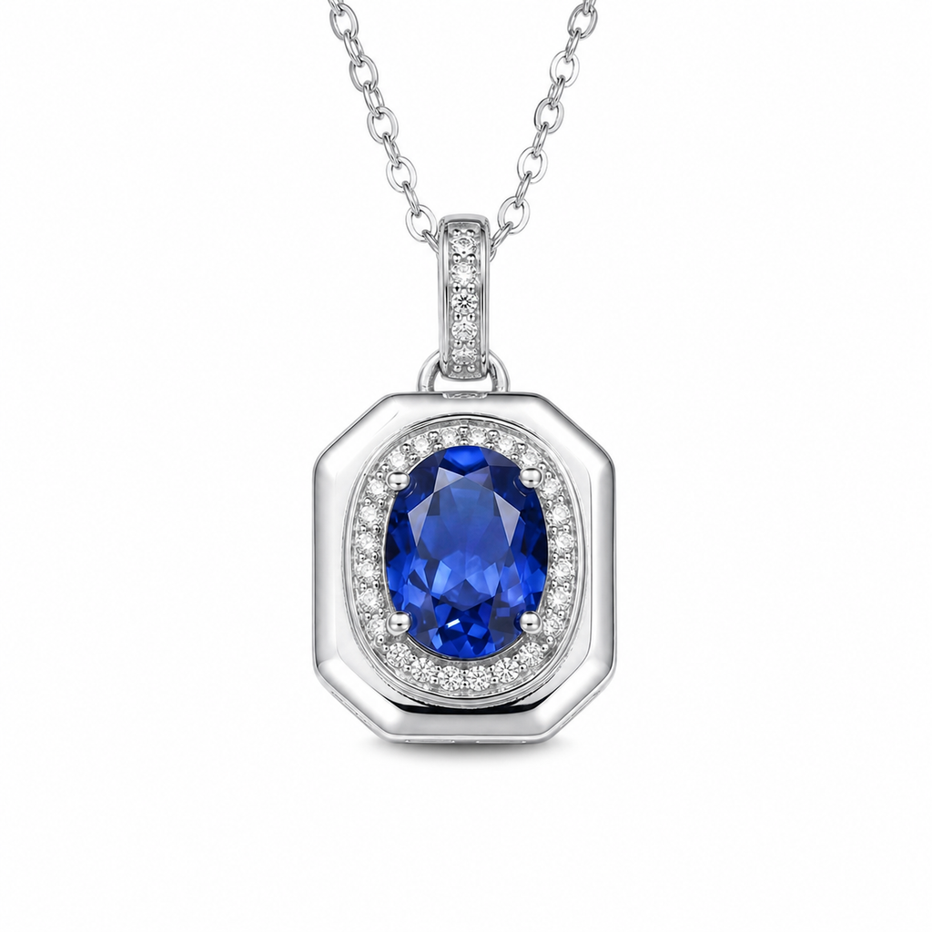 Vintage Octagon Oval Gemstone Halo Pendant Necklace, Yellow / Red / Blue / Purple, 18K White Gold / 925 Sterling Silver Bespoke Fine Jewelry