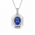 Vintage Octagon Oval Gemstone Halo Pendant Necklace, Yellow / Red / Blue / Purple, 18K White Gold / 925 Sterling Silver Bespoke Fine Jewelry