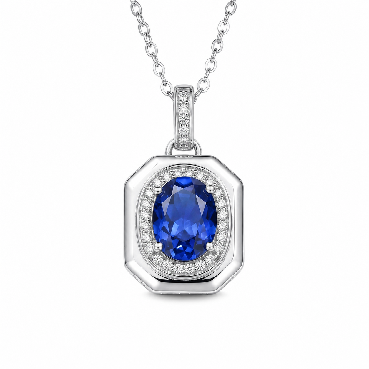 Vintage Octagon Oval Gemstone Halo Pendant Necklace, Yellow / Red / Blue / Purple, 18K White Gold / 925 Sterling Silver Bespoke Fine Jewelry