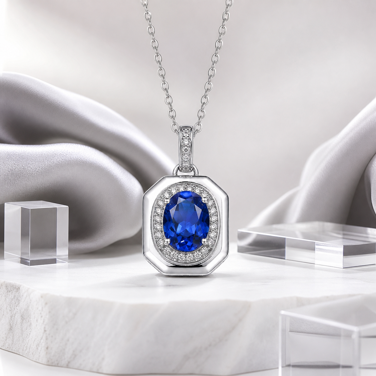 Vintage Octagon Oval Gemstone Halo Pendant Necklace, Yellow / Red / Blue / Purple, 18K White Gold / 925 Sterling Silver Bespoke Fine Jewelry