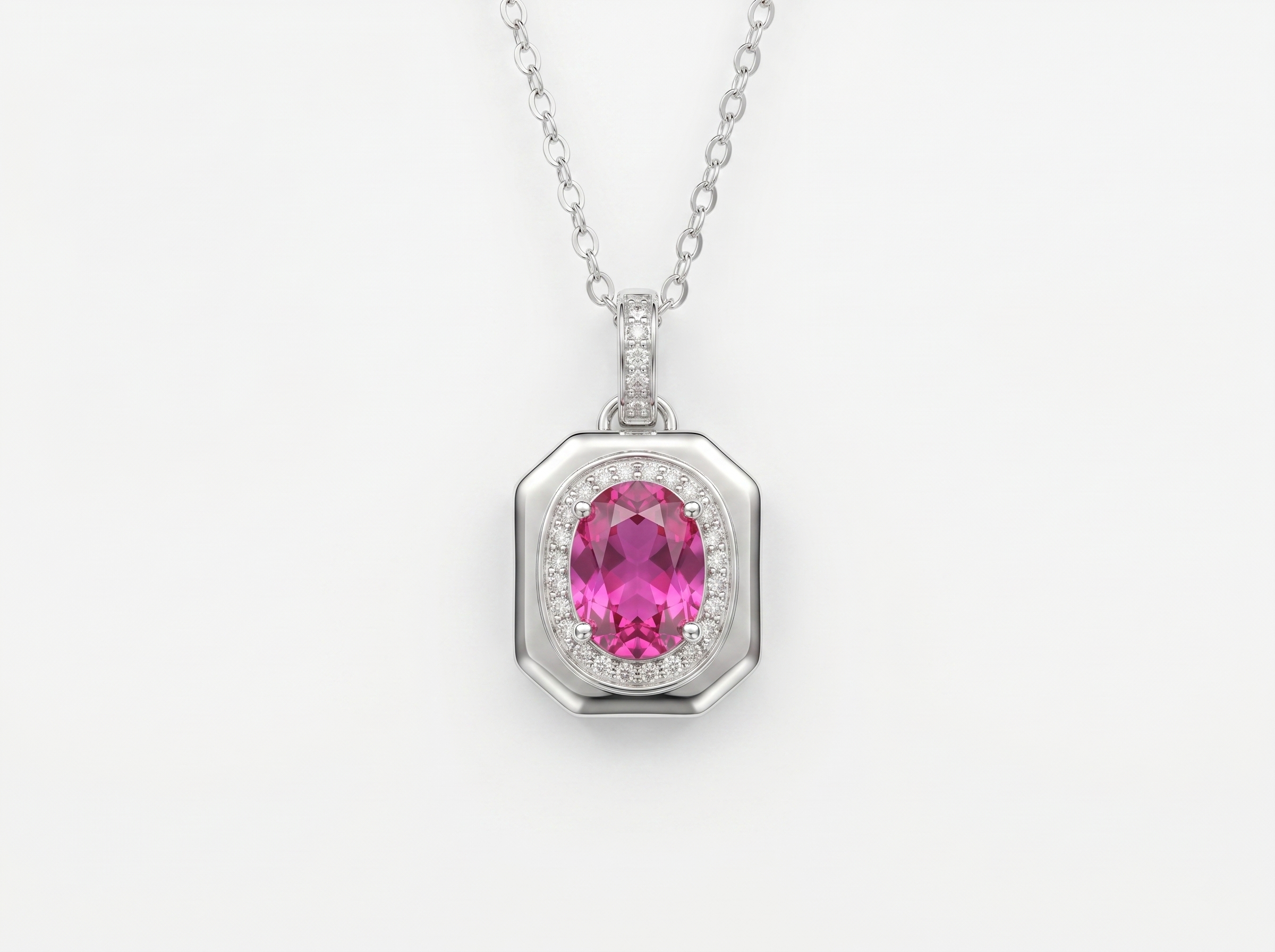 Vintage Octagon Oval Gemstone Halo Pendant Necklace, Yellow / Red / Blue / Purple, 18K White Gold / 925 Sterling Silver Bespoke Fine Jewelry