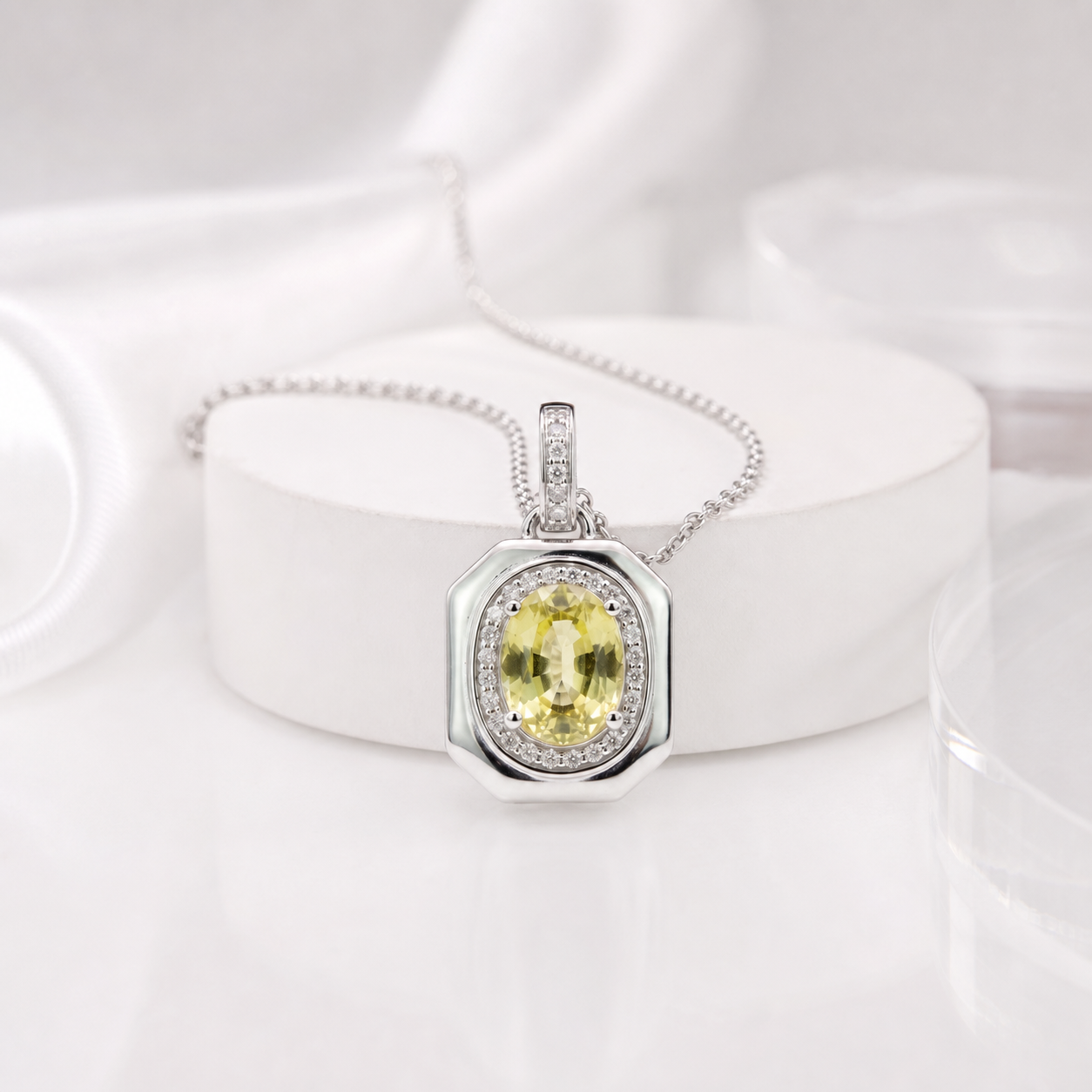 Vintage Octagon Oval Gemstone Halo Pendant Necklace, Yellow / Red / Blue / Purple, 18K White Gold / 925 Sterling Silver Bespoke Fine Jewelry