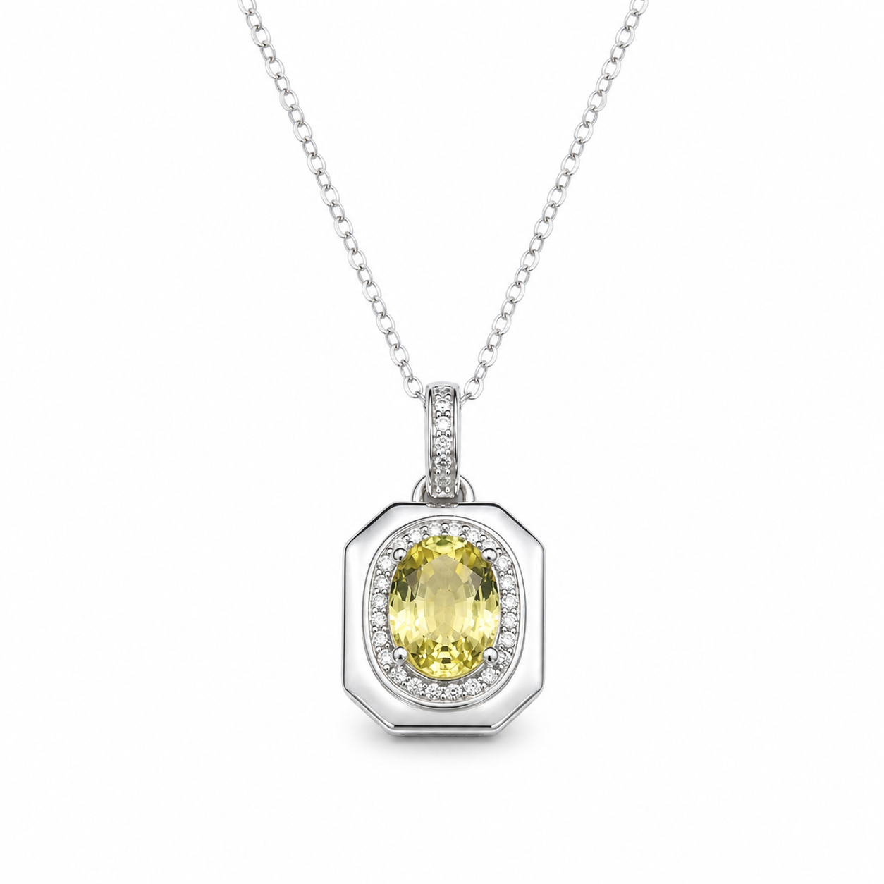 Vintage Octagon Oval Gemstone Halo Pendant Necklace, Yellow / Red / Blue / Purple, 18K White Gold / 925 Sterling Silver Bespoke Fine Jewelry