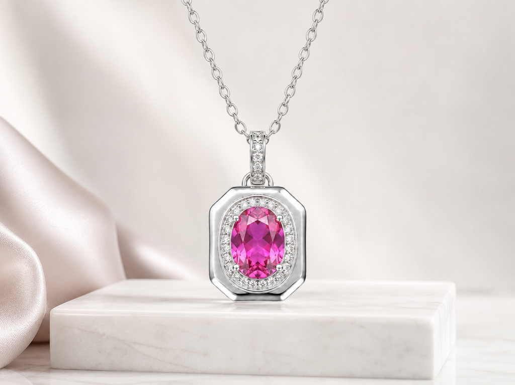 Vintage Octagon Oval Gemstone Halo Pendant Necklace, Yellow / Red / Blue / Purple, 18K White Gold / 925 Sterling Silver Bespoke Fine Jewelry
