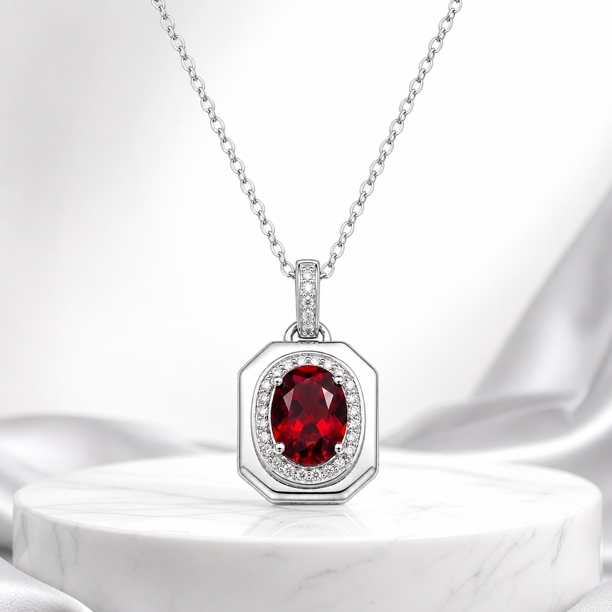 Vintage Octagon Oval Gemstone Halo Pendant Necklace, Yellow / Red / Blue / Purple, 18K White Gold / 925 Sterling Silver Bespoke Fine Jewelry