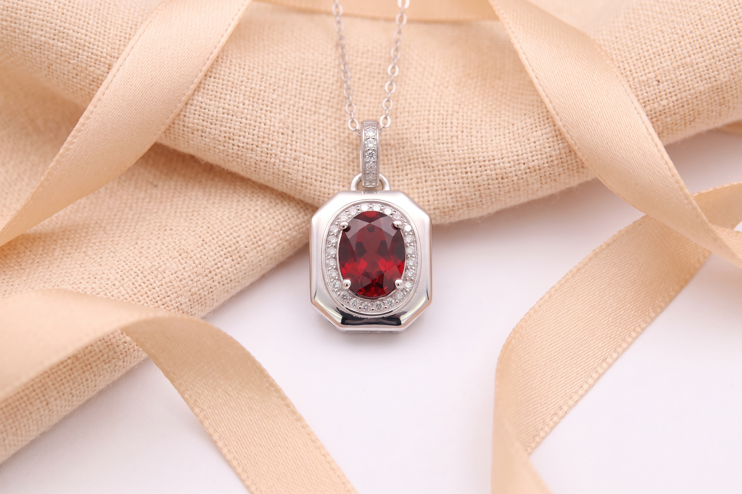 Vintage Octagon Oval Gemstone Halo Pendant Necklace, Yellow / Red / Blue / Purple, 18K White Gold / 925 Sterling Silver Bespoke Fine Jewelry
