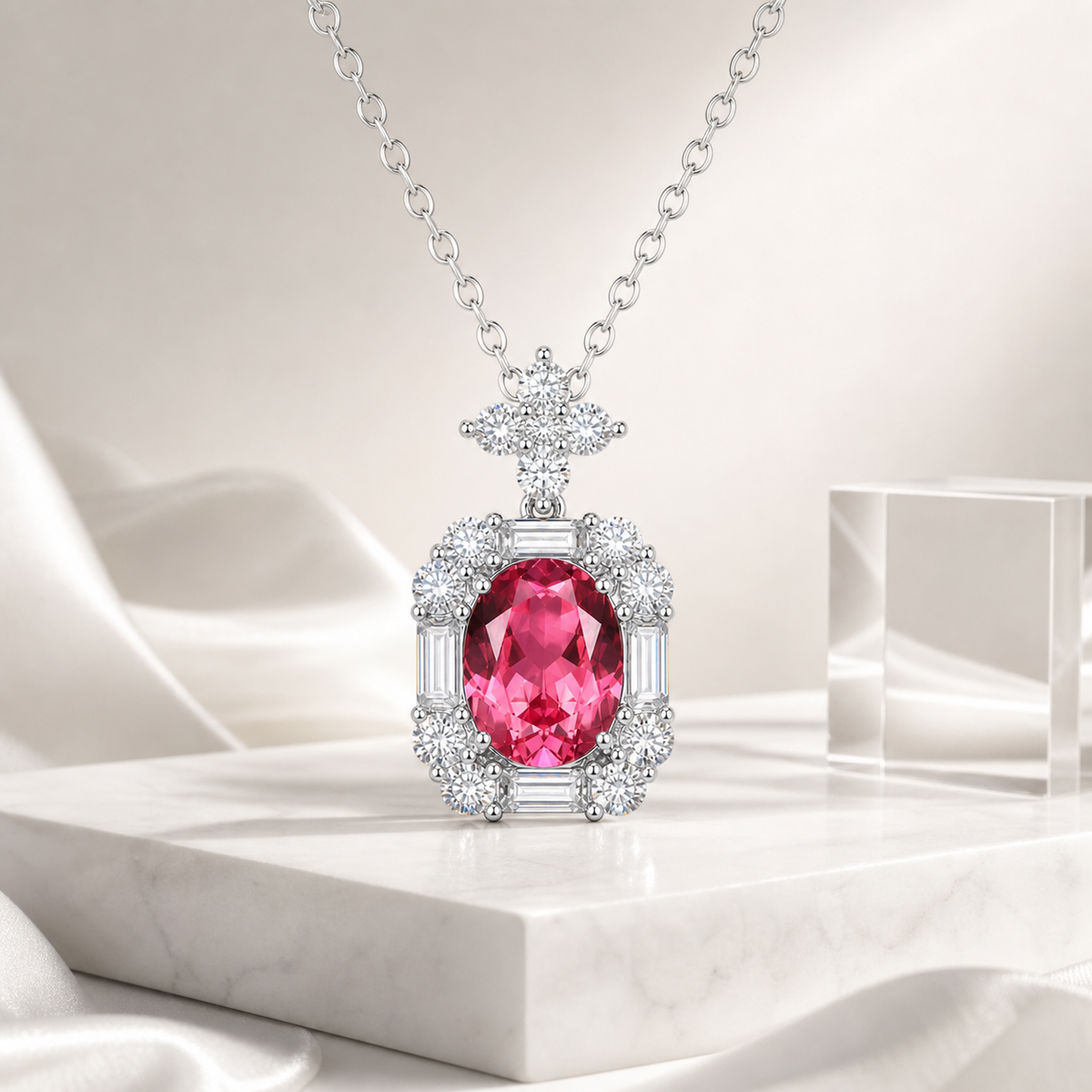 Vintage Oval Pink Gem Halo Statement Necklace