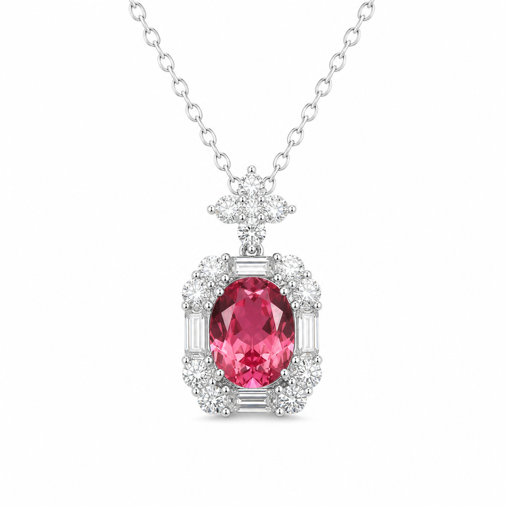 Vintage Oval Pink Gem Halo Statement Necklace