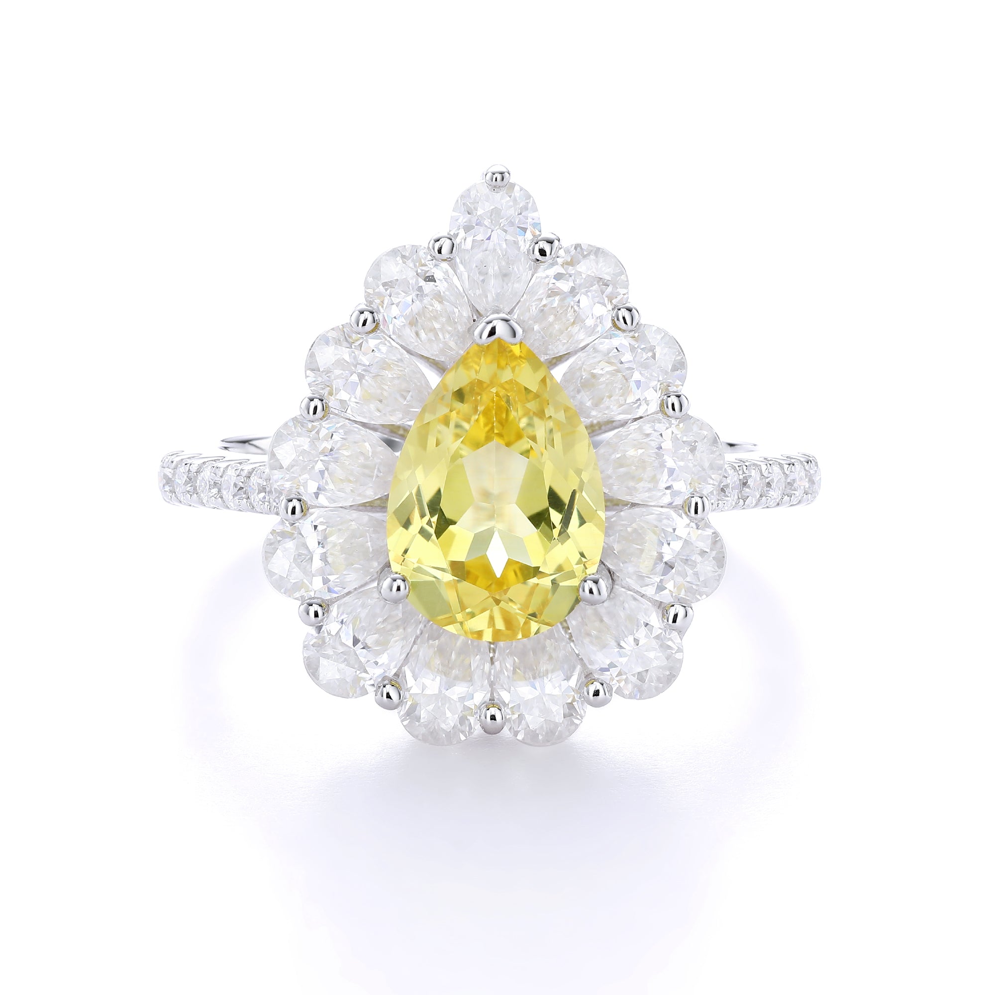 Pear Cut Colored Gemstone Halo Ring, Full Surround Pave Accent Stones, 18K White Gold /925 Sterling Silver Bespoke Fine Jewelry