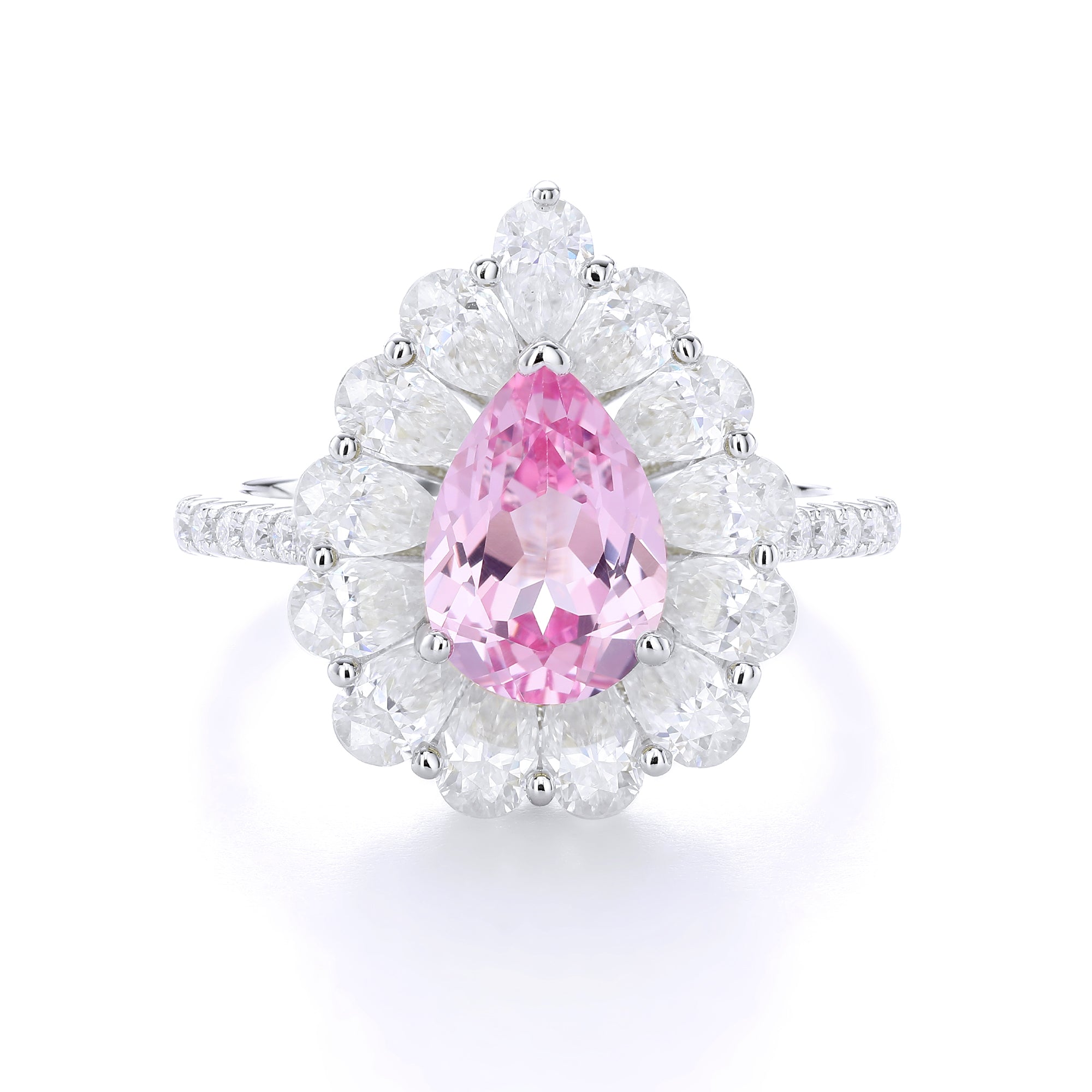 Pear Cut Colored Gemstone Halo Ring, Full Surround Pave Accent Stones, 18K White Gold /925 Sterling Silver Bespoke Fine Jewelry