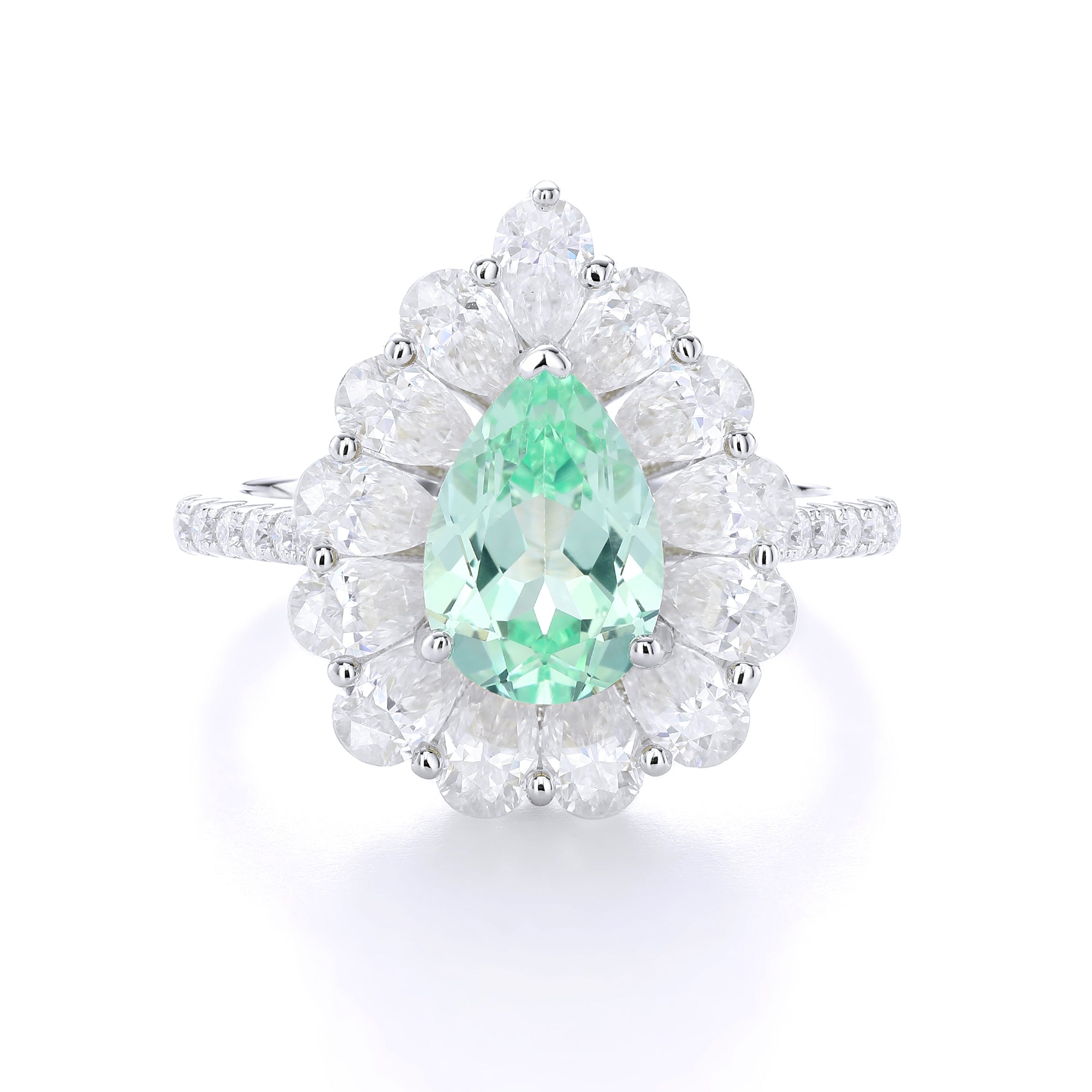 Pear Cut Colored Gemstone Halo Ring, Full Surround Pave Accent Stones, 18K White Gold /925 Sterling Silver Bespoke Fine Jewelry