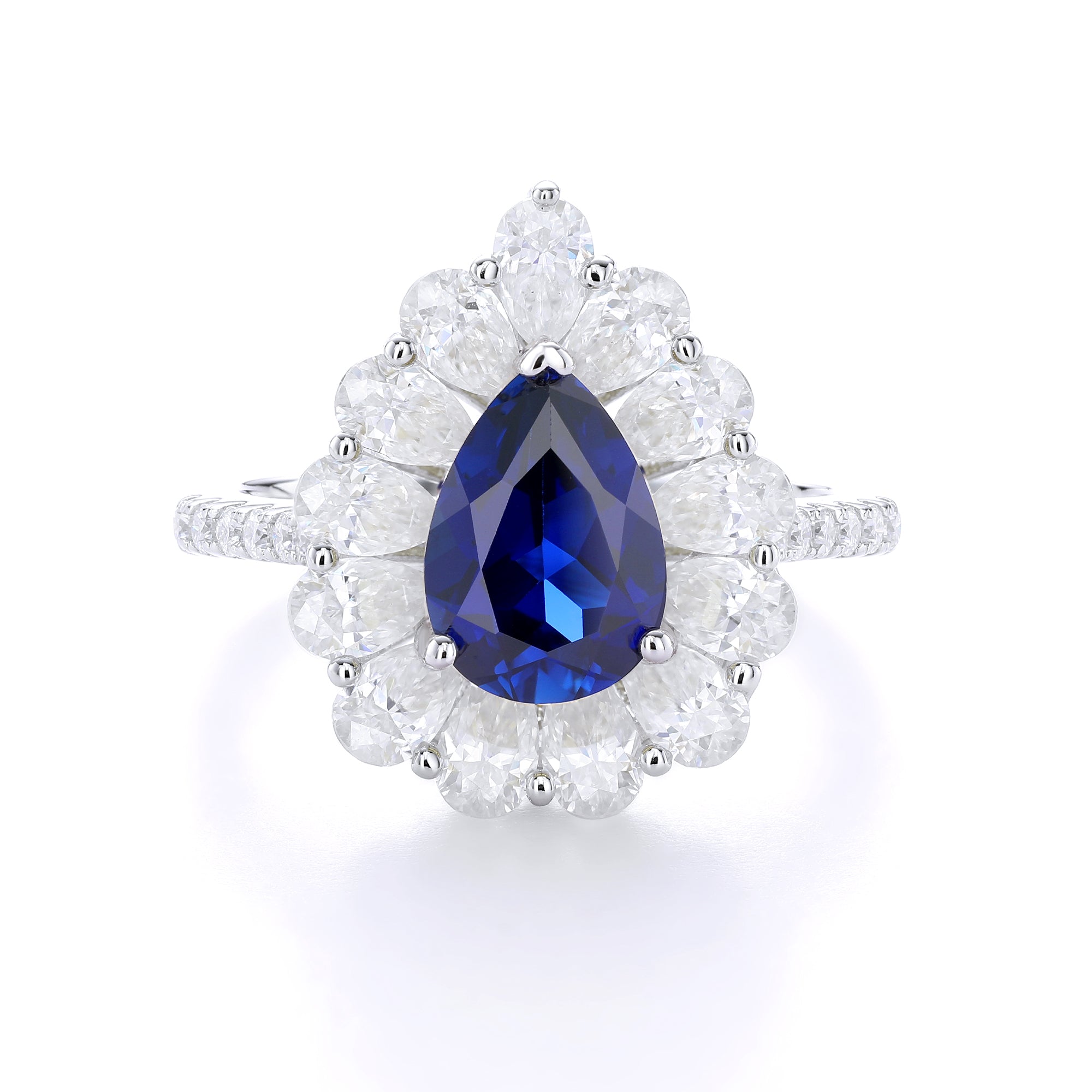 Pear Cut Colored Gemstone Halo Ring, Full Surround Pave Accent Stones, 18K White Gold /925 Sterling Silver Bespoke Fine Jewelry