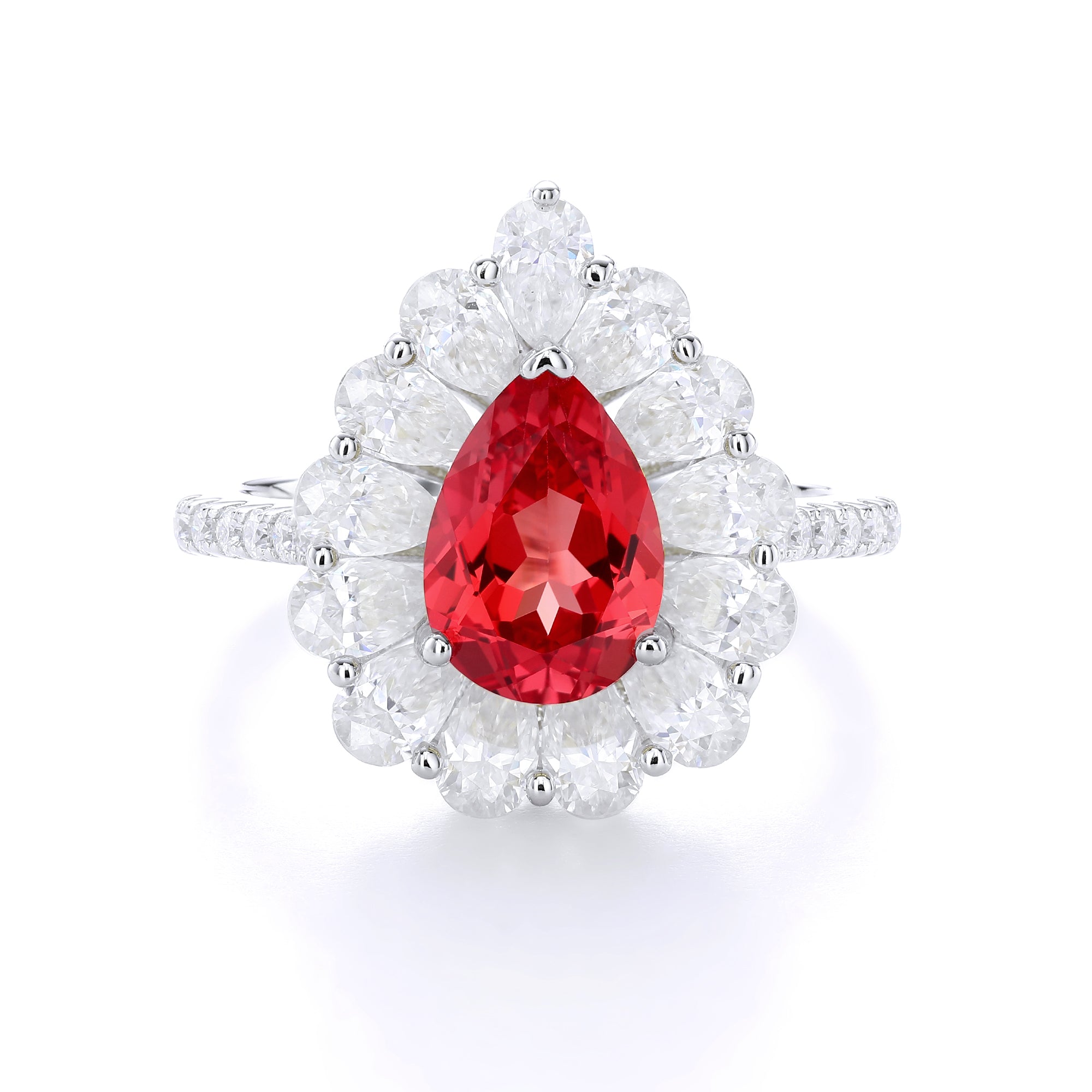 Pear Cut Colored Gemstone Halo Ring, Full Surround Pave Accent Stones, 18K White Gold /925 Sterling Silver Bespoke Fine Jewelry