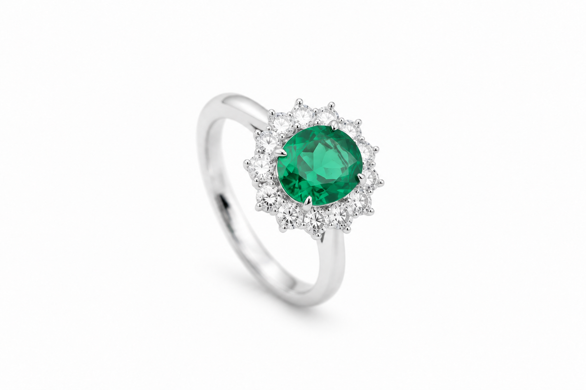 Bague avec pierre précieuse ovale et halo solaire