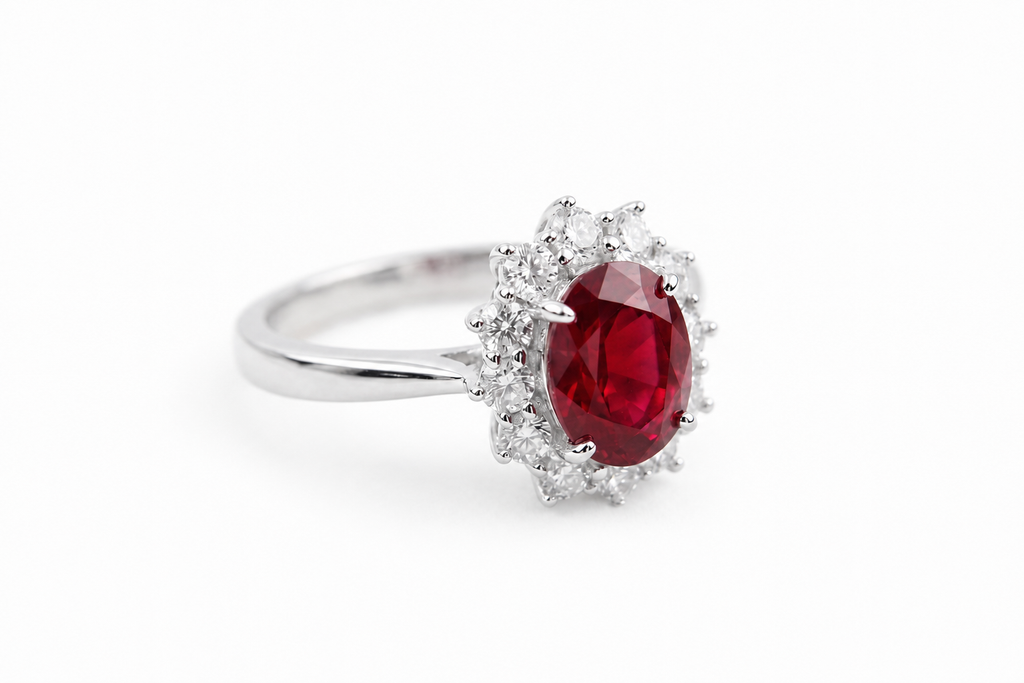 Bague avec pierre précieuse ovale et halo solaire