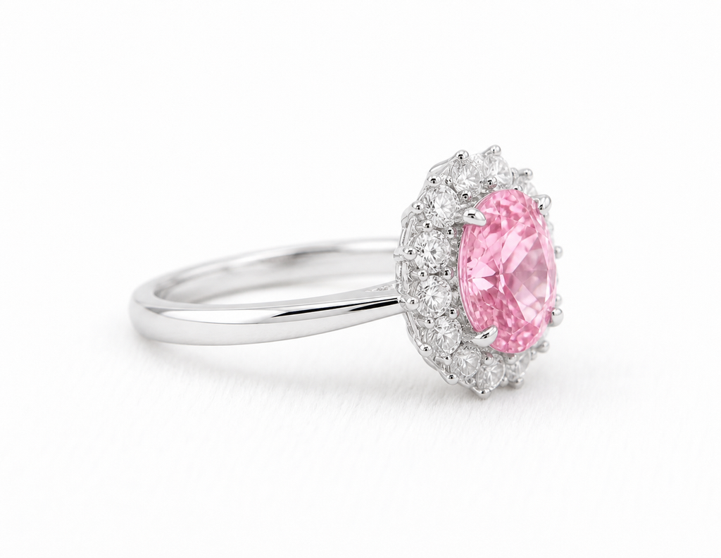 Bague avec pierre précieuse ovale et halo solaire