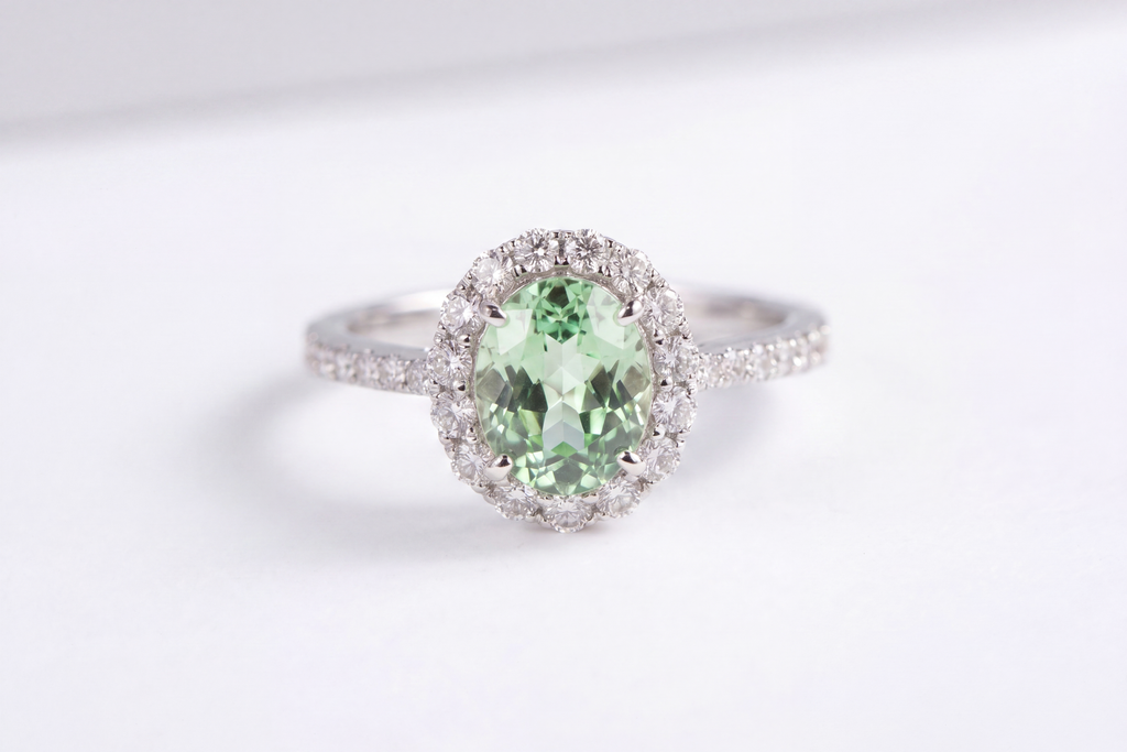 Bague halo ovale avec pierre précieuse