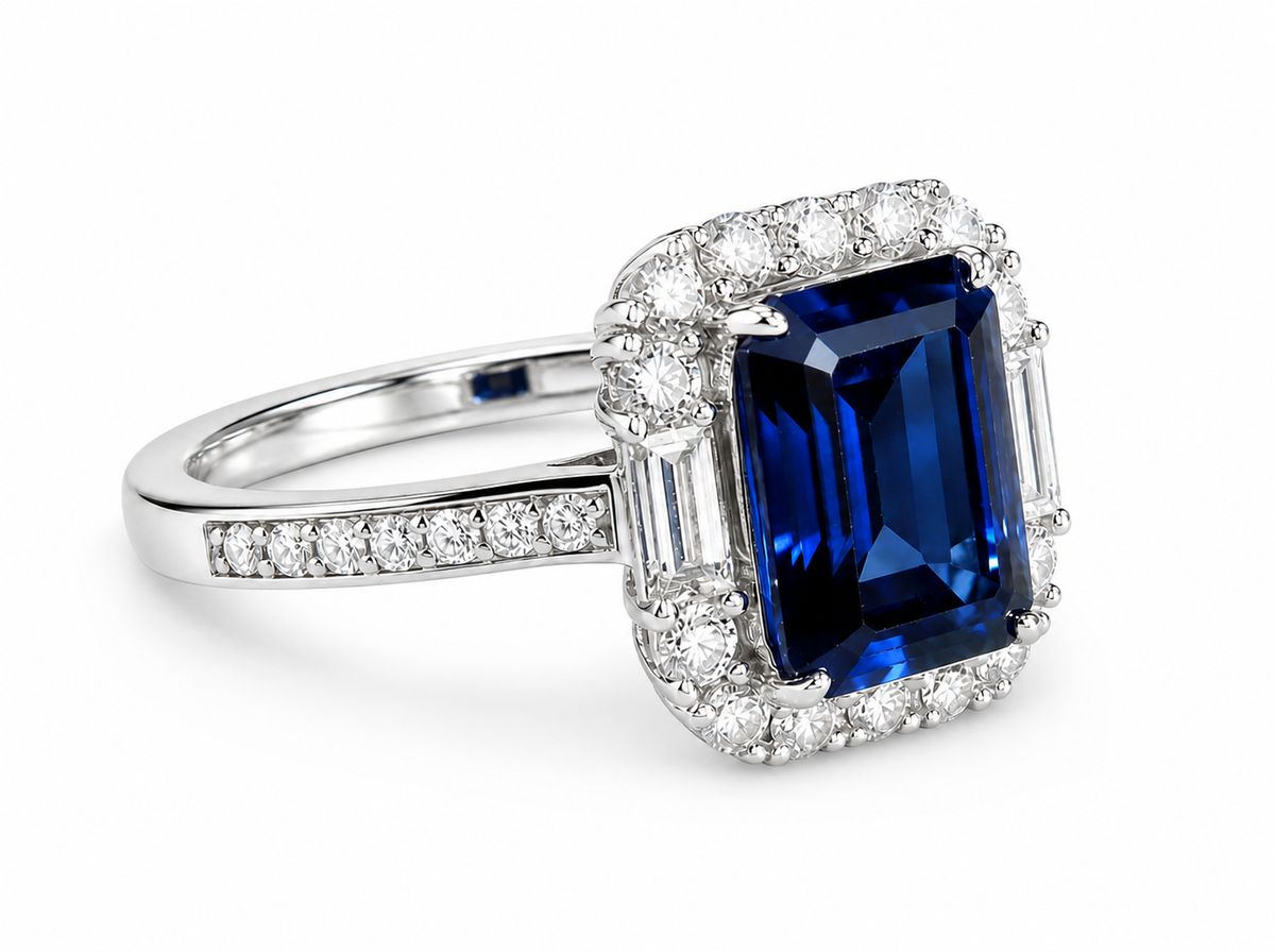 Emerald‑Cut Double‑Halo Gemstone Ring, Paved Shank