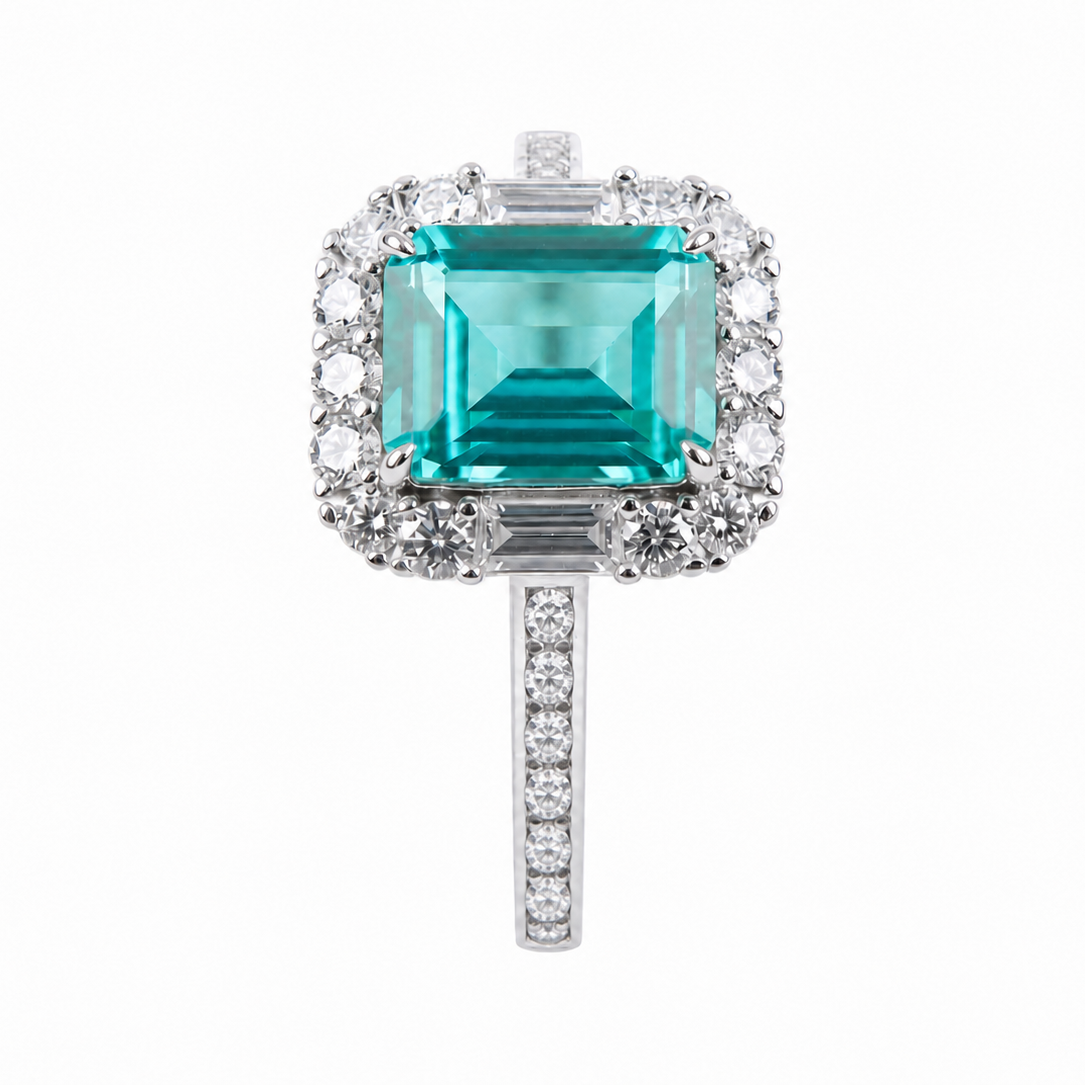 Emerald‑Cut Double‑Halo Gemstone Ring, Paved Shank