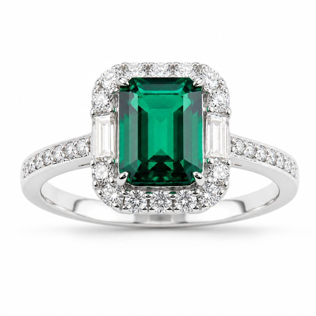 Emerald‑Cut Double‑Halo Gemstone Ring, Paved Shank