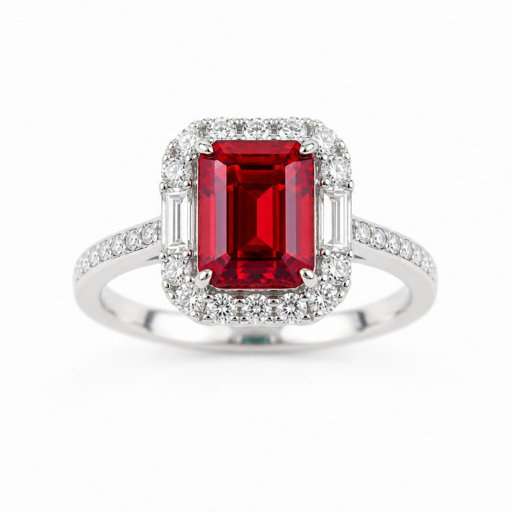 Bague ornée d'une pierre précieuse taille émeraude avec double halo et anneau pavé