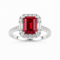Emerald‑Cut Double‑Halo Gemstone Ring, Paved Shank