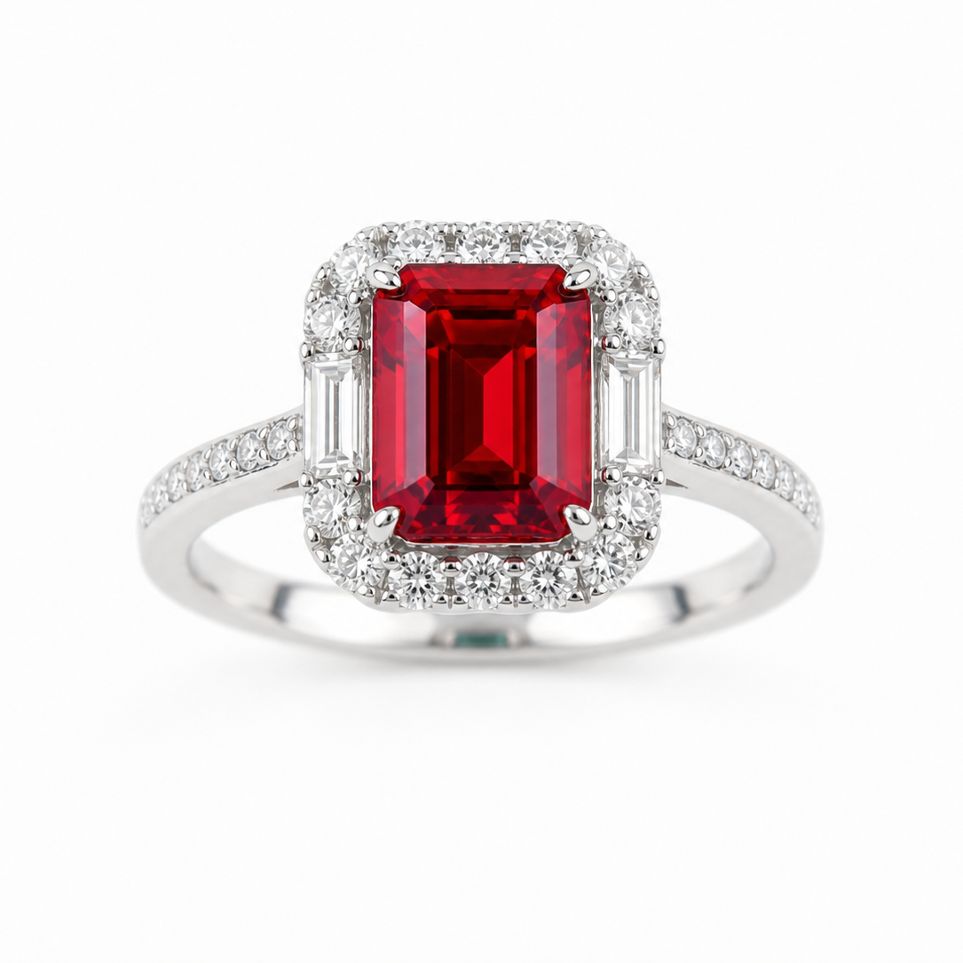 Emerald‑Cut Double‑Halo Gemstone Ring, Paved Shank
