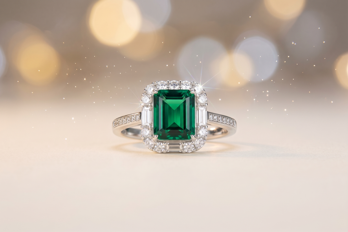 Bague ornée d'une pierre précieuse taille émeraude avec double halo et anneau pavé